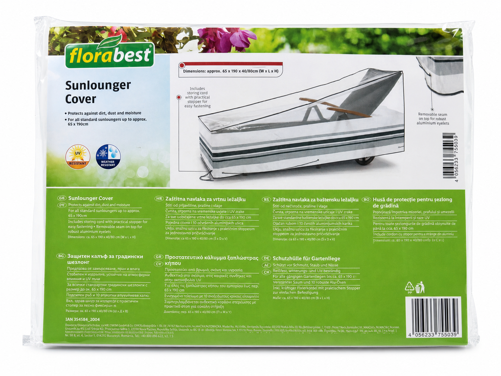 Funda protectora para tumbona 65 x 190 x 40/80 cm resistente a rayos UV