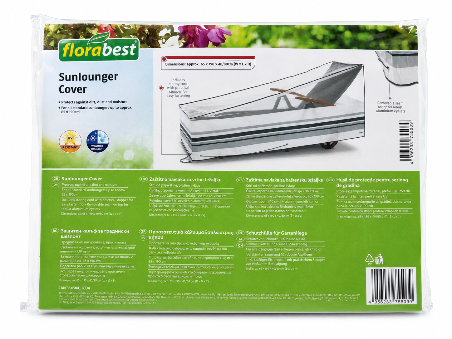 Funda protectora para tumbona 65 x 190 x 40/80 cm resistente a rayos UV