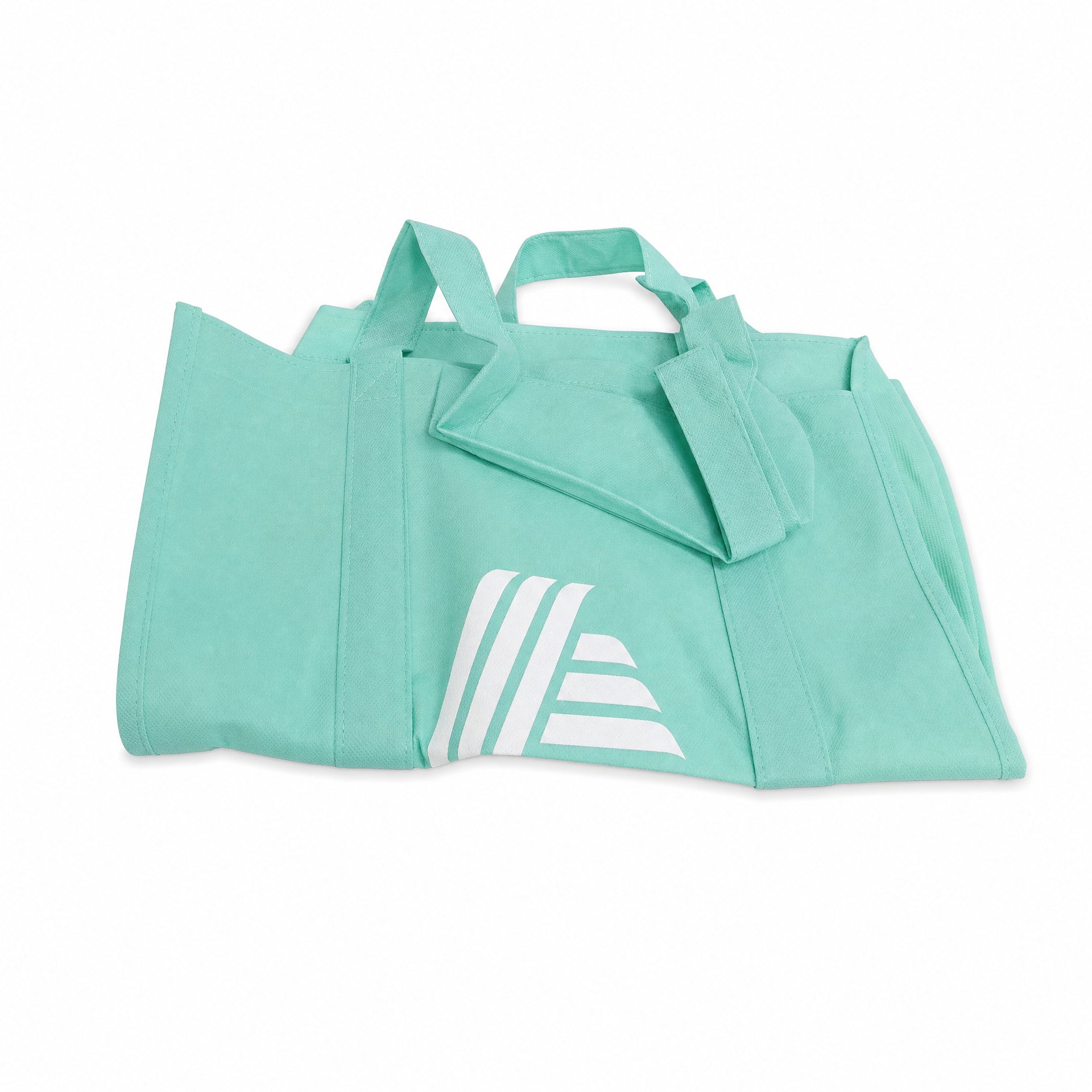 Bolsa de compra reutilizable verde con asas cortas y estampado blanco parcial en el frontal