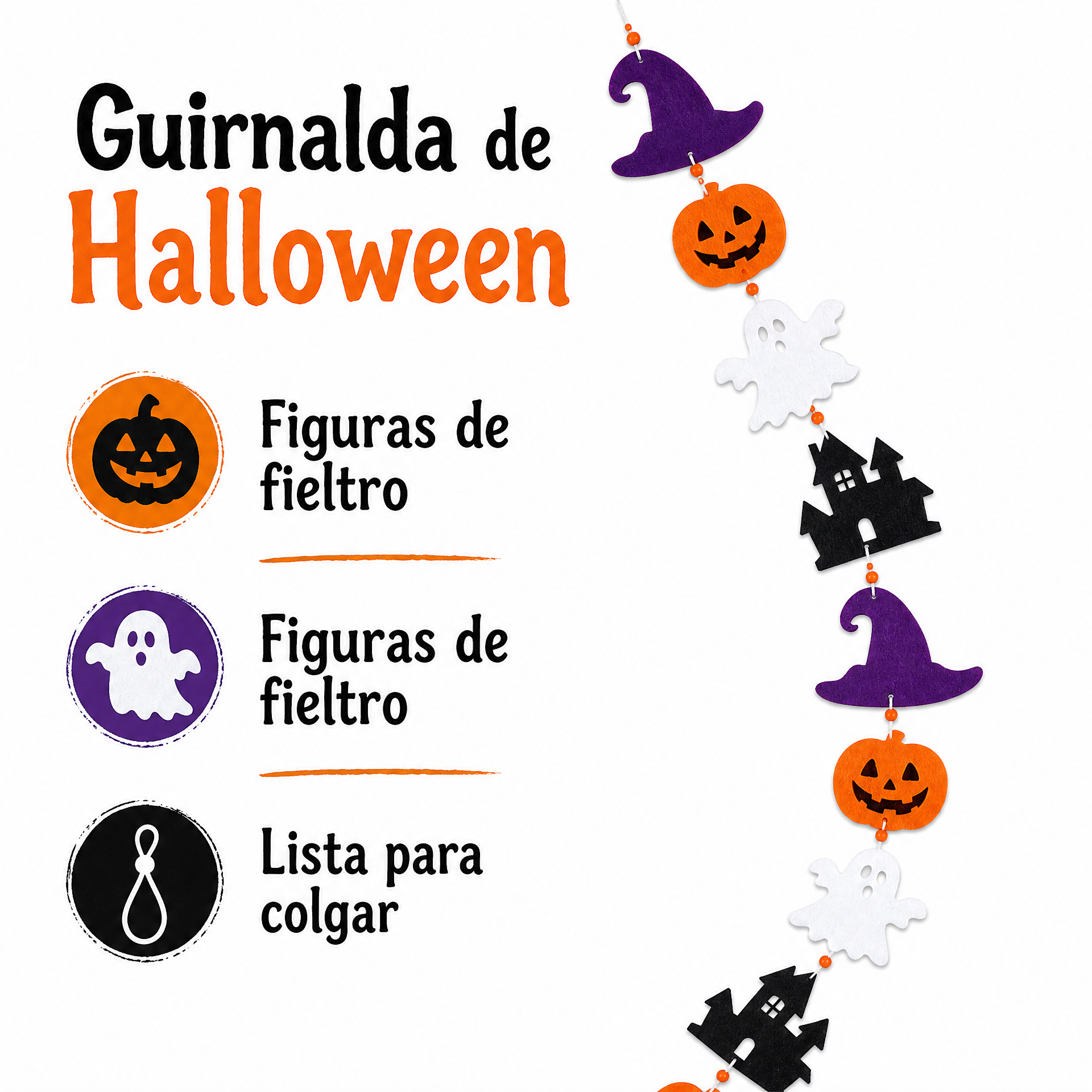 Guirnalda de Halloween con calabazas y fantasmas (fieltro)