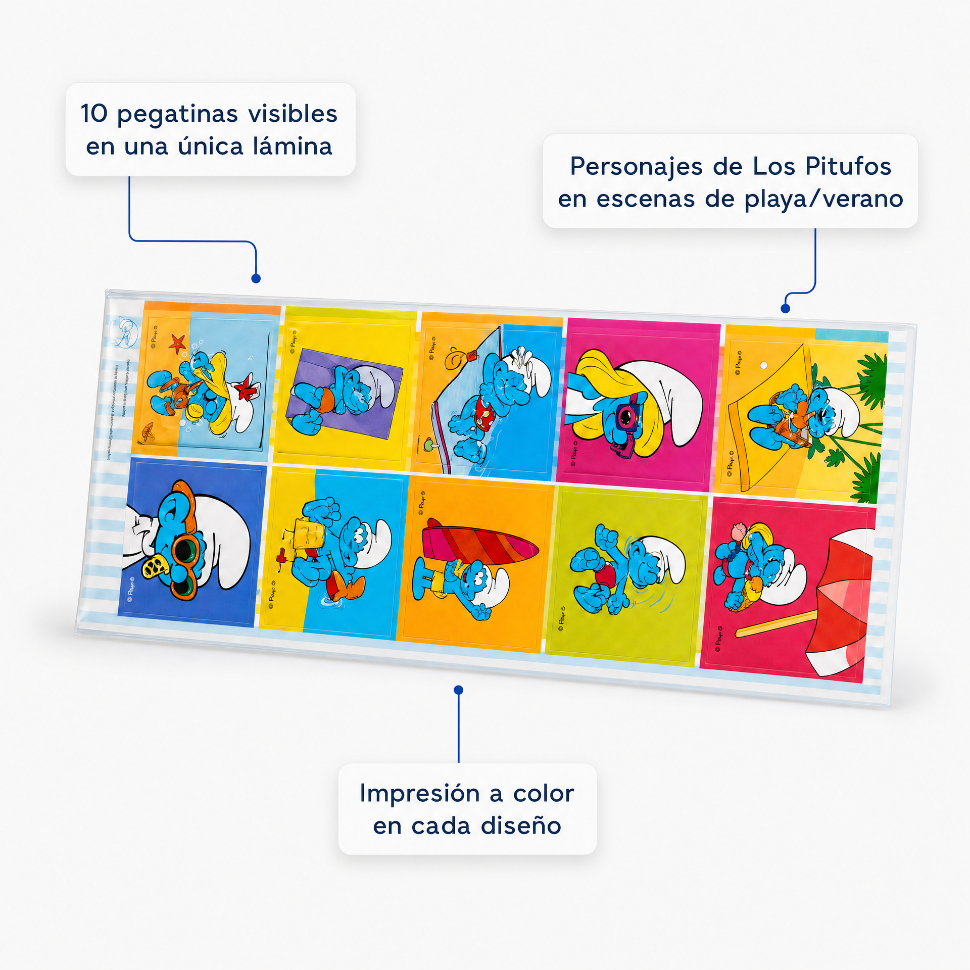 Los Pitufos lámina con 10 pegatinas impresas a color, escenas de playa y verano