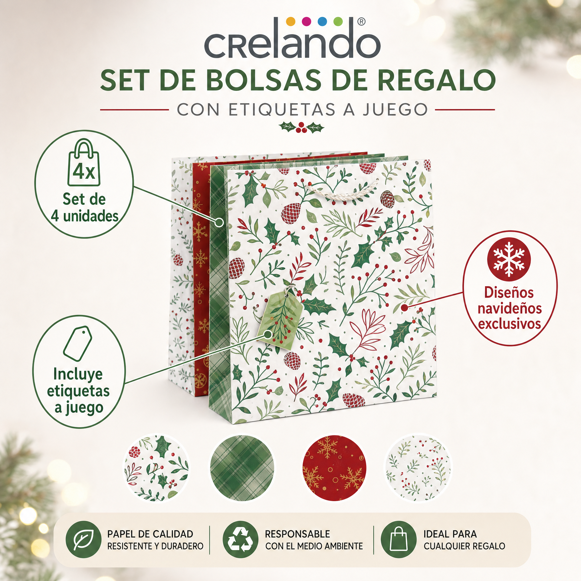 Crelando set de 4 bolsas de regalo navideñas con asas de cordón y etiqueta a juego