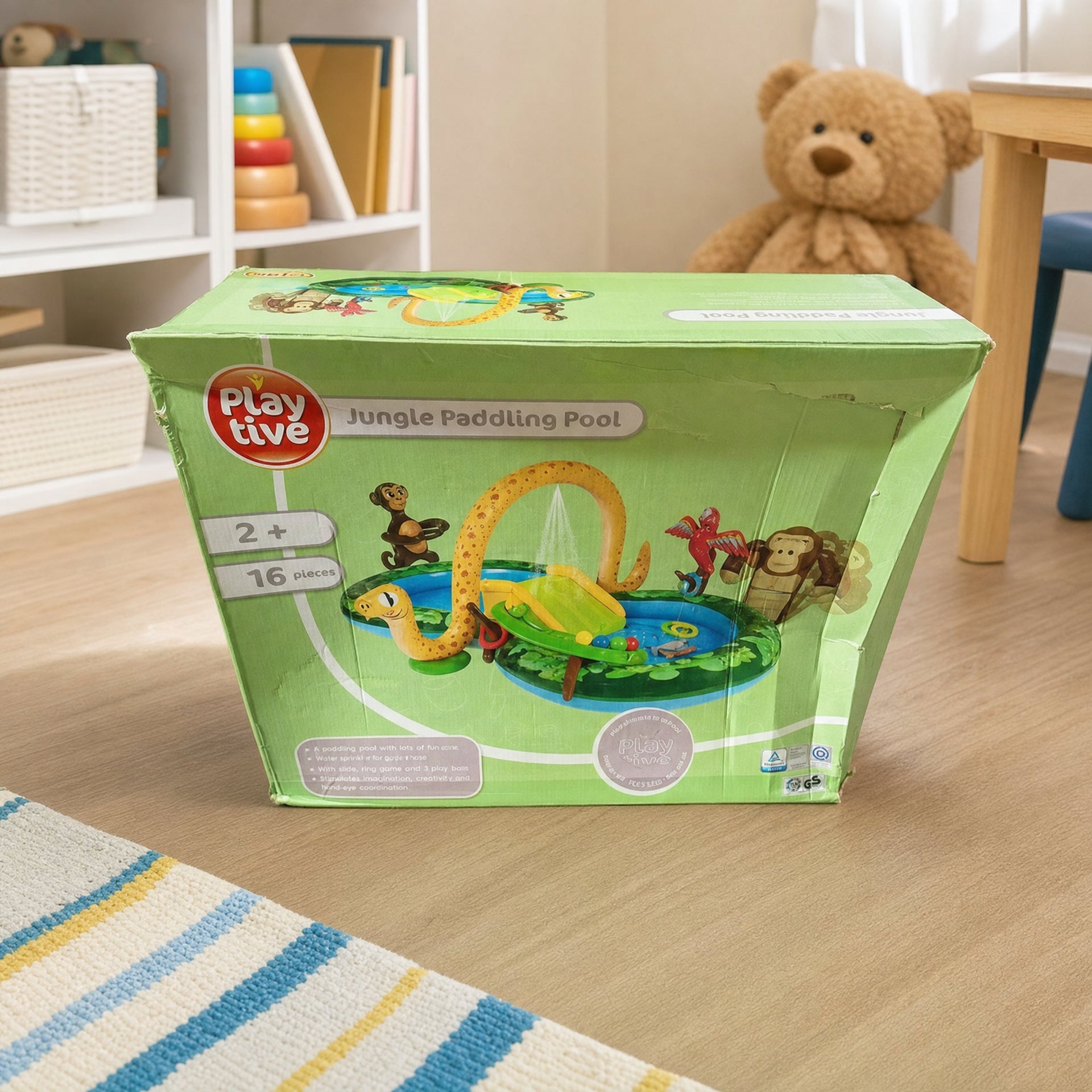 Playtive Piscina hinchable temática selva con tobogán, 16 piezas, 2+ años