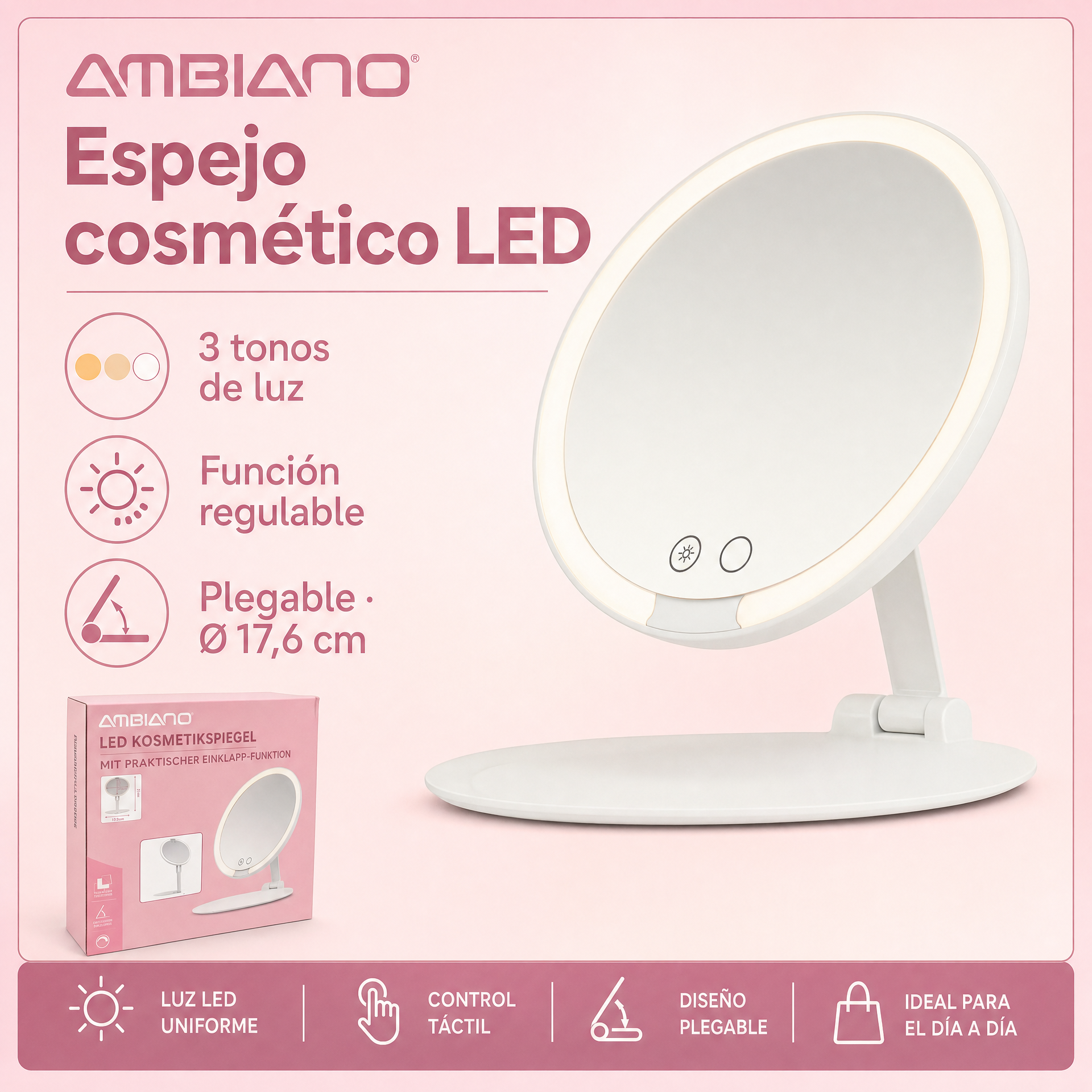 Ambiano Espejo Cosmético LED Plegable con 3 Tonos de Luz