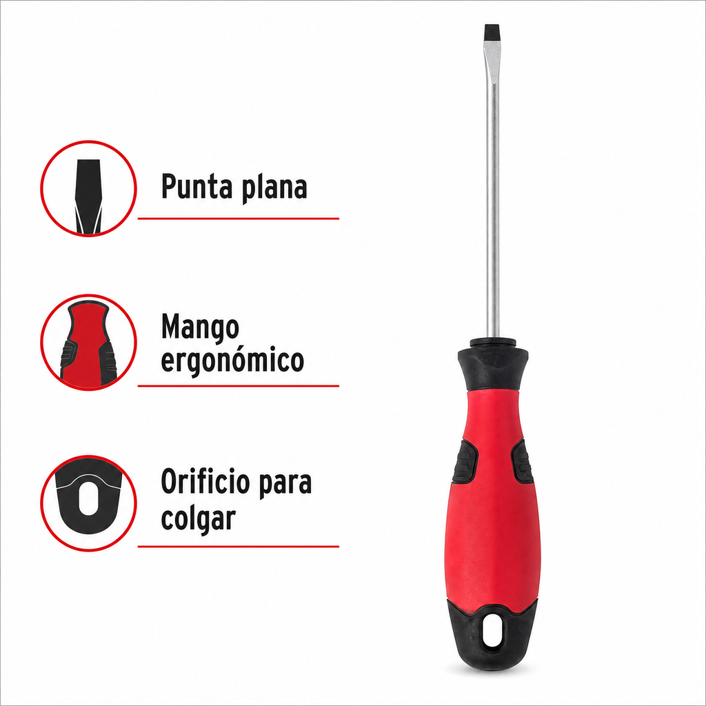 Destornillador plano con mango bicolor ergonómico y orificio para colgar