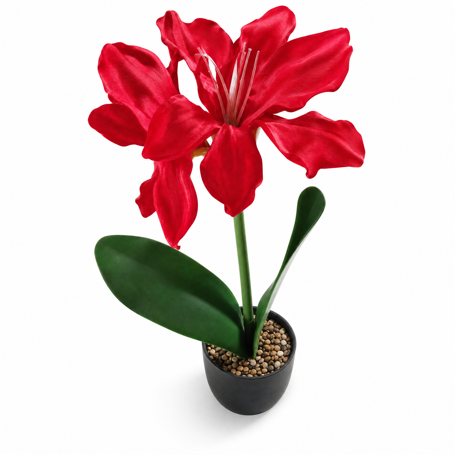 Planta artificial decorativa con flor roja en maceta negra