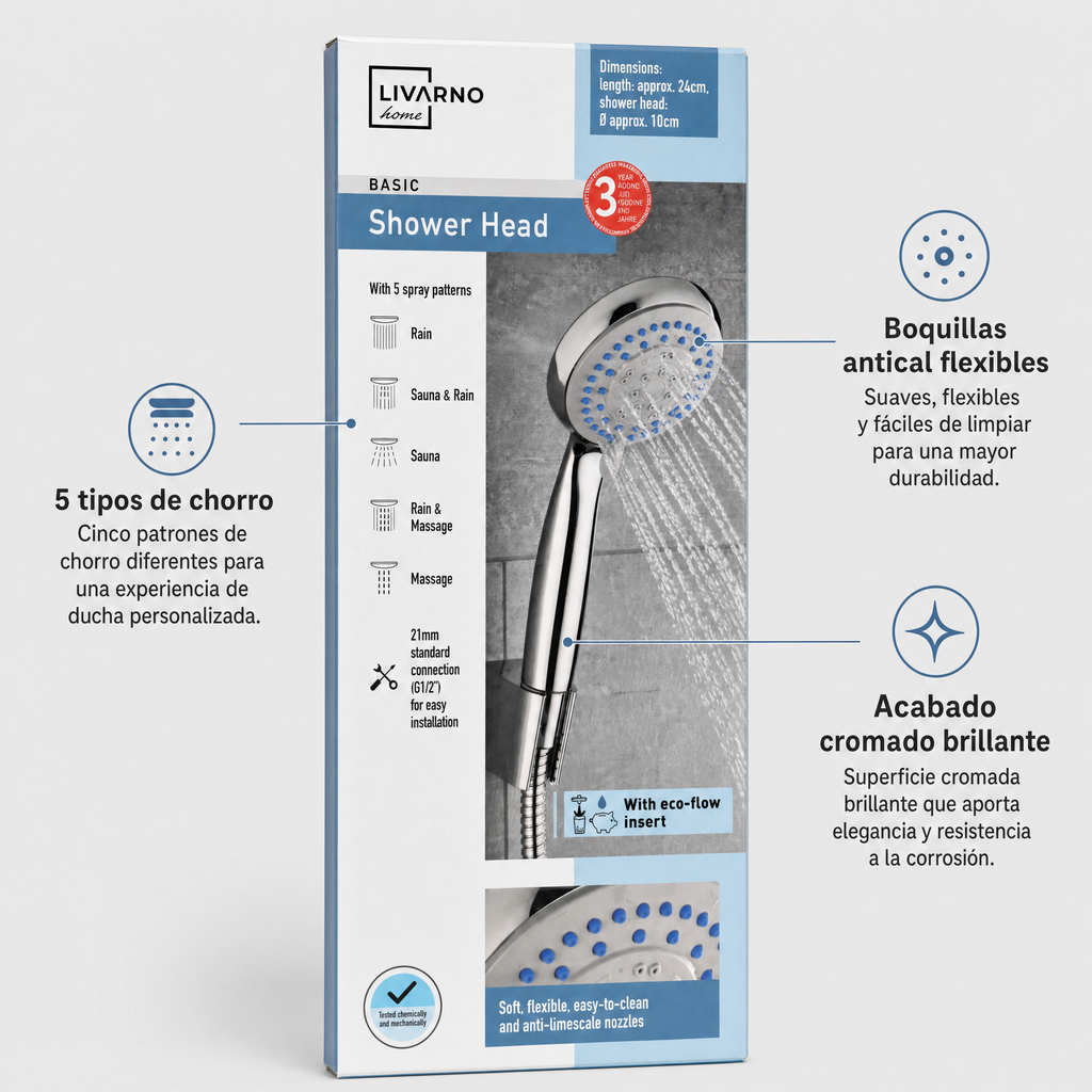 Livarno Home Alcachofa de ducha cromada 5 tipos de chorro boquillas de silicona antical