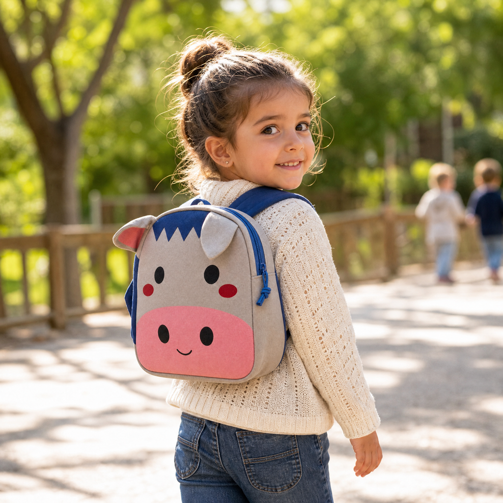 Mochila infantil con dibujo de animal, orejas de tela 3D, cremallera lateral, gris rosa azul