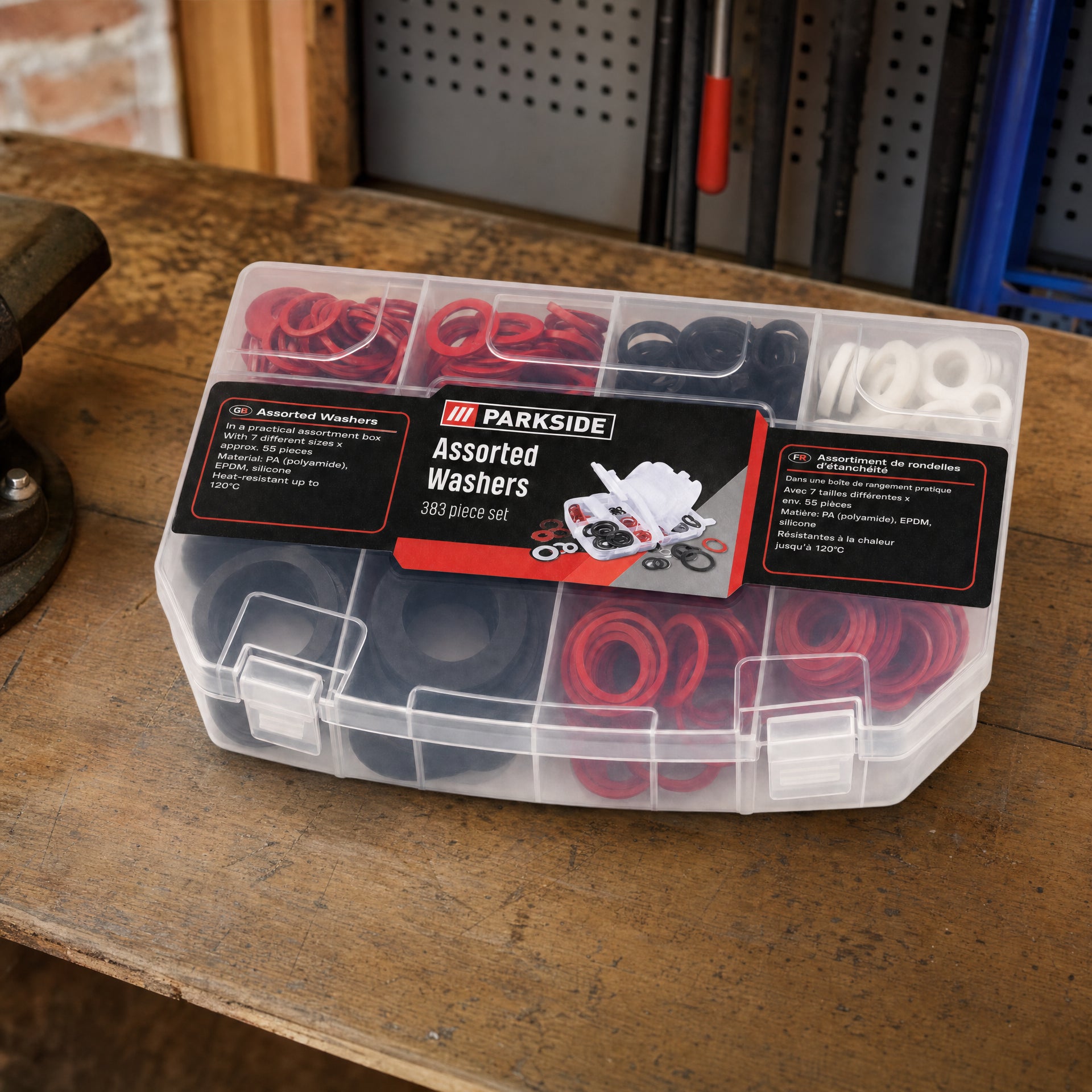 Parkside surtido de 383 arandelas con caja organizadora transparente negro rojo blanco