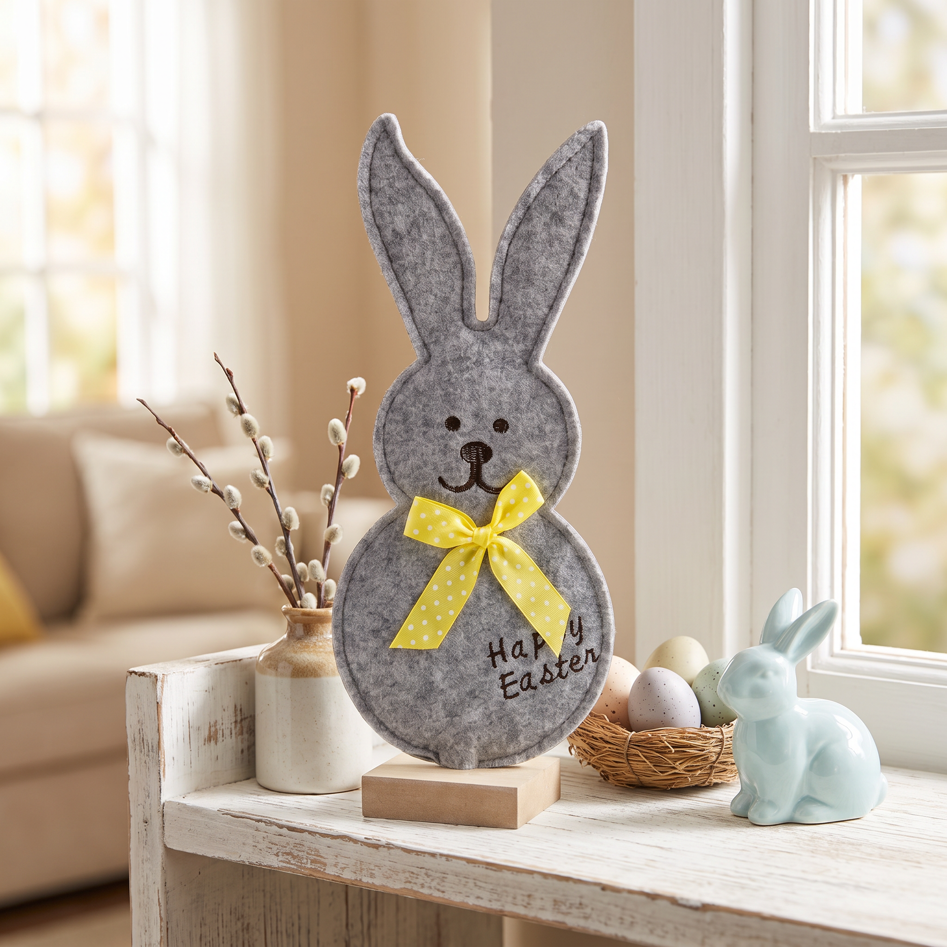 Conejo Decorativo de Pascua de Fieltro con Base de Madera — Sin Caja