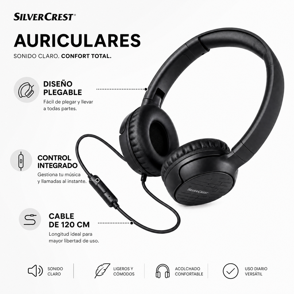 Auriculares on-ear plegables con cable y control en línea, negros