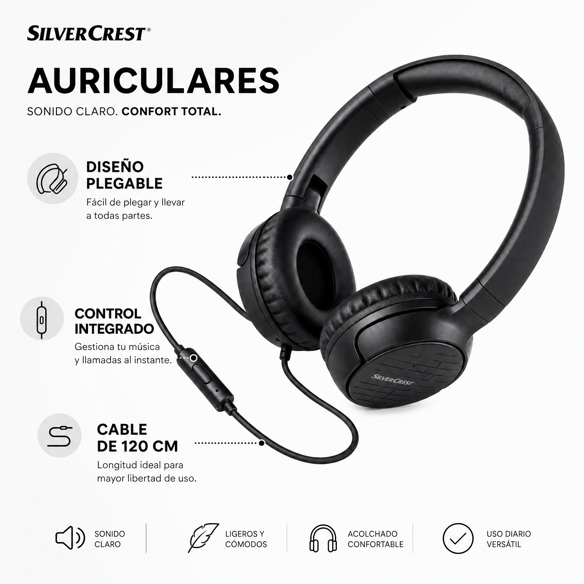 Auriculares on-ear plegables con cable y control en línea, negros