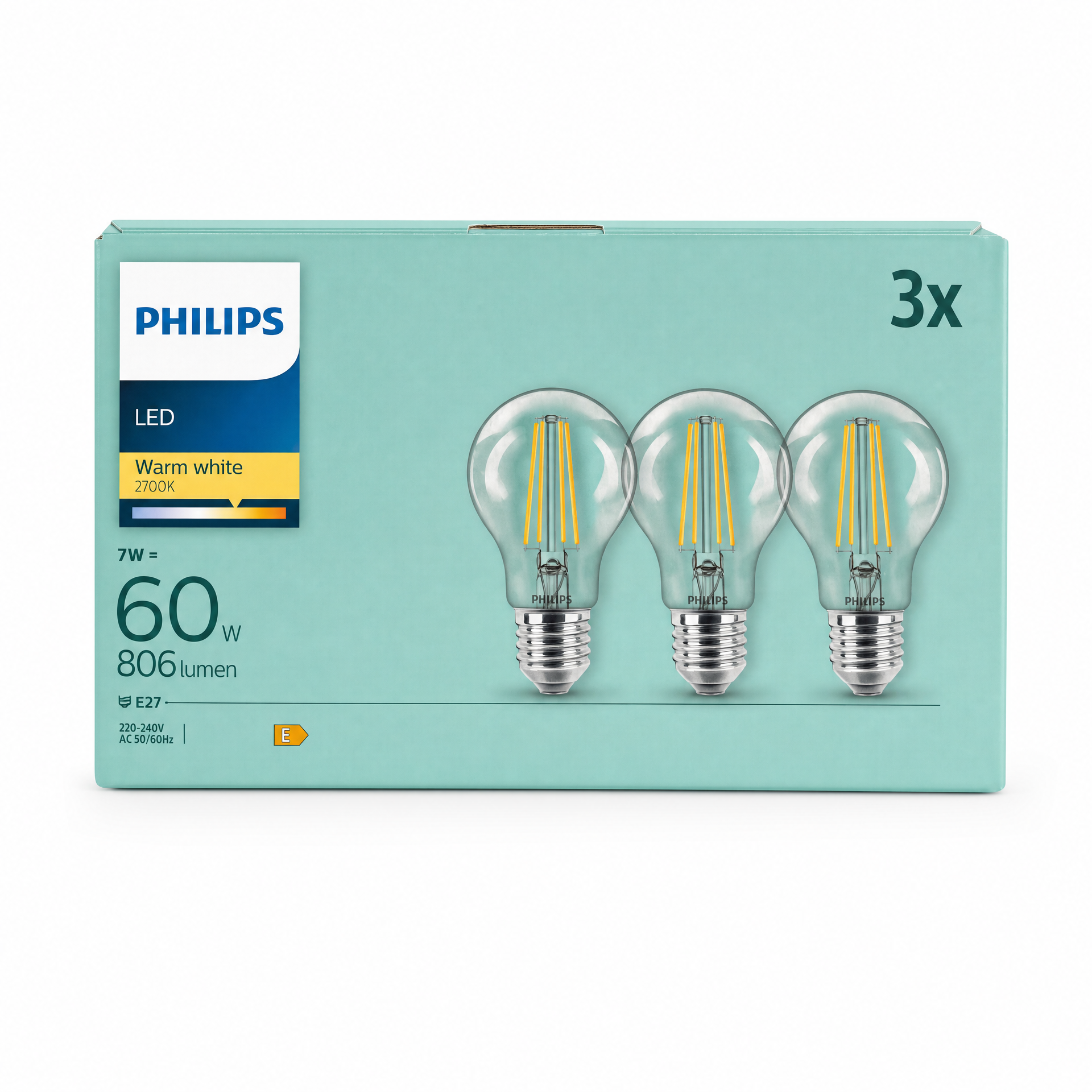 Philips Pack 3 Bombillas LED Filamento E27 7W (60W) Luz Cálida
