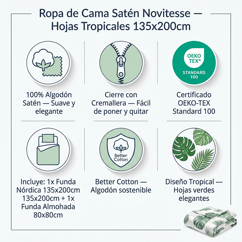 Ropa de Cama Satén Novitesse — Hojas Tropicales 135x200cm