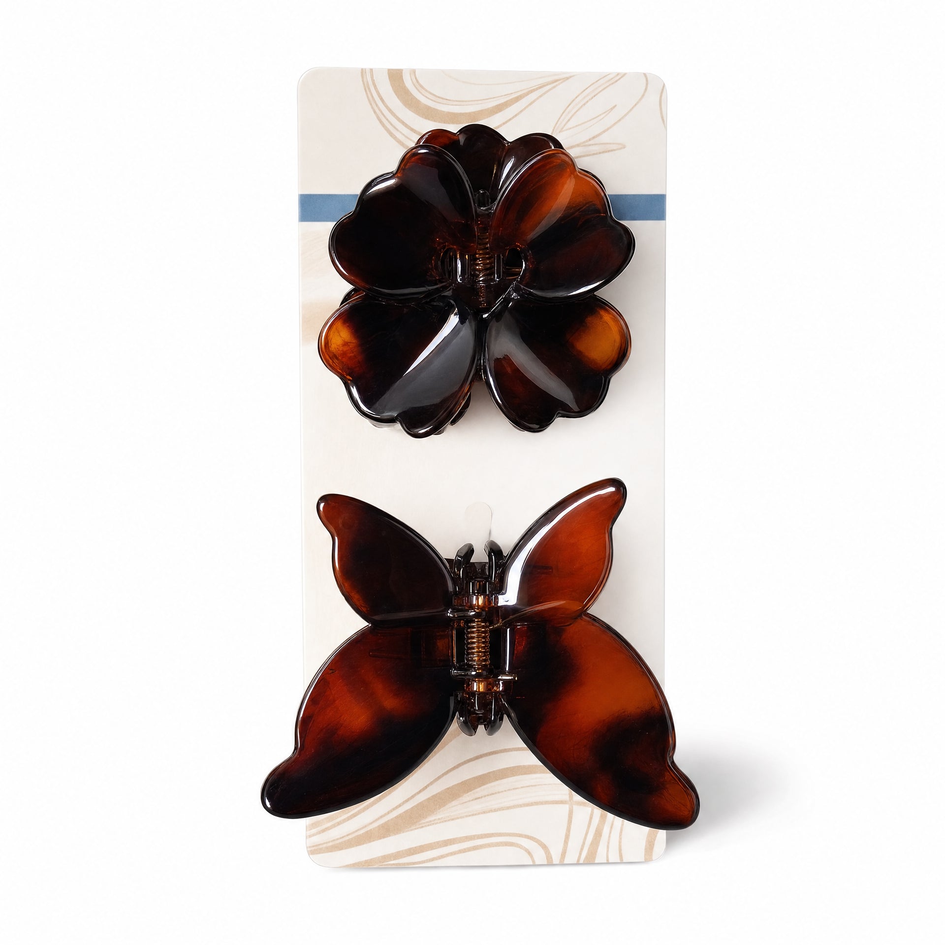 Conjunto de 2 pinzas para el pelo mariposa y flor, acabado marrón brillante tipo carey