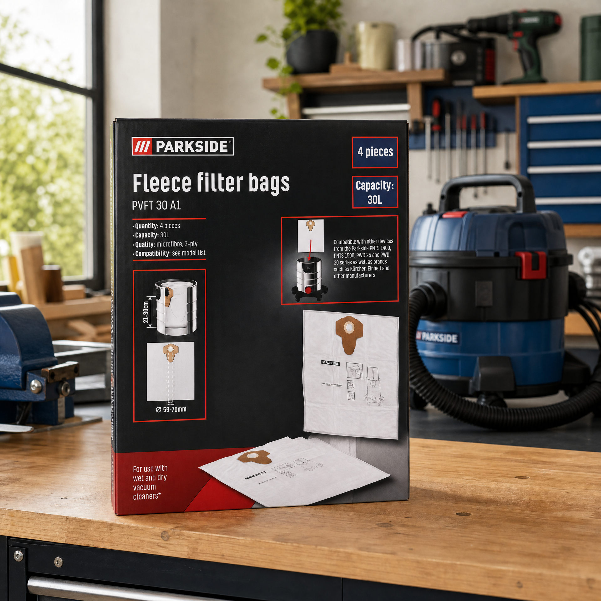 Parkside Bolsas de filtro de fieltro para aspiradora compatibles con PNTS y PWD Pack de 4