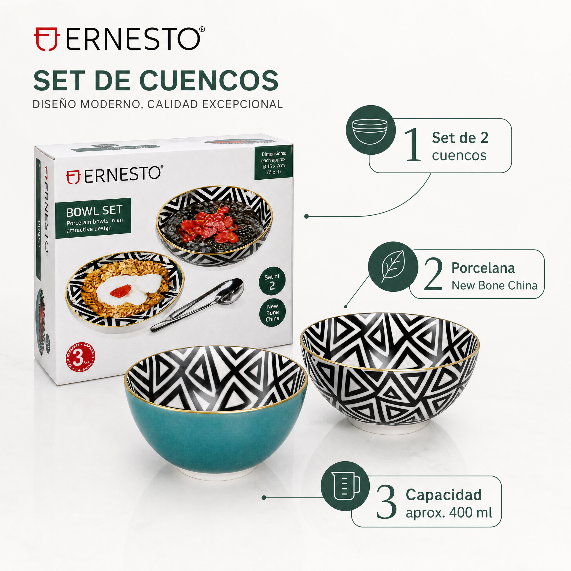 ERNESTO Set de cuencos con diseño estampado
