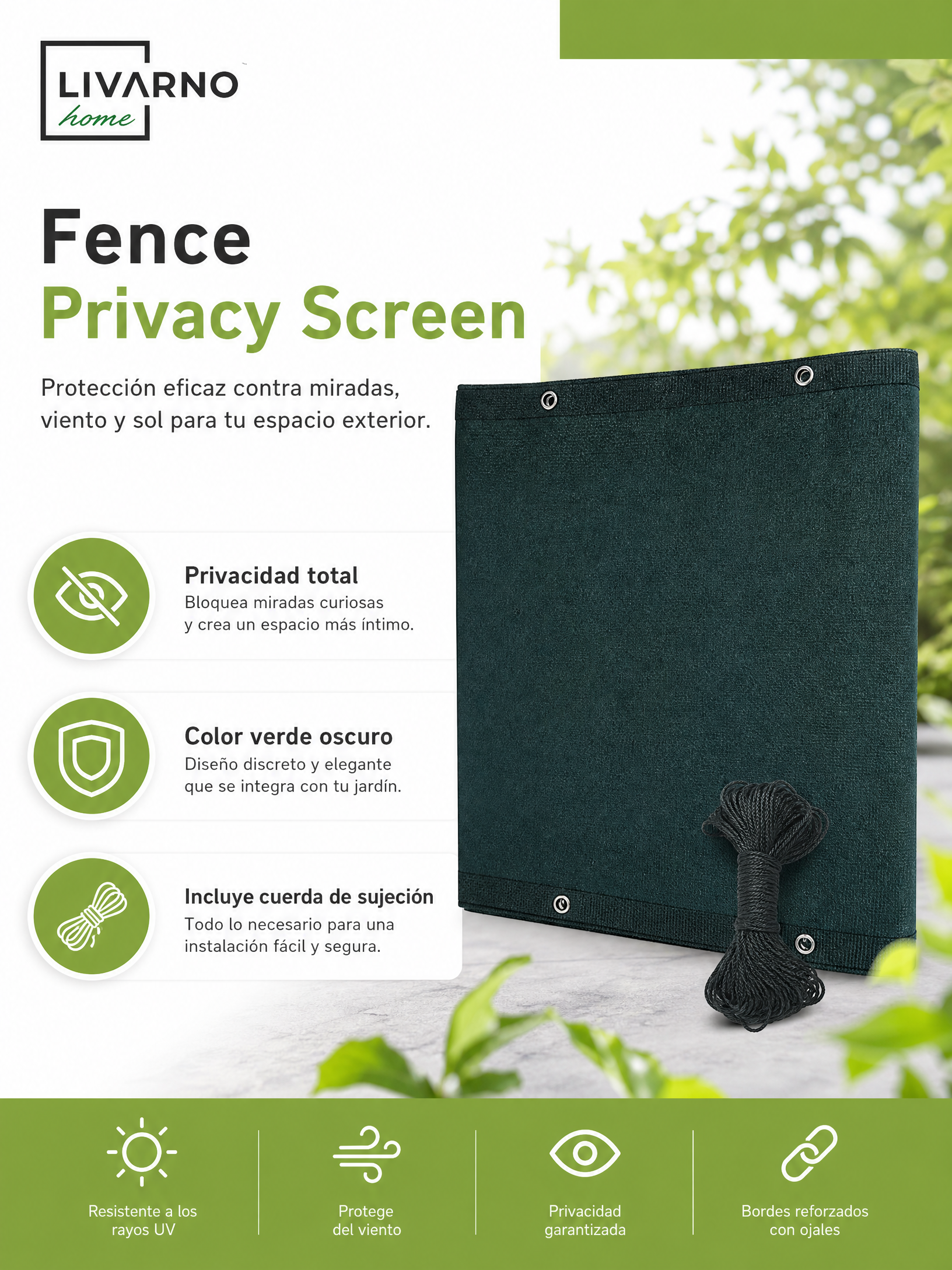 Pantalla de privacidad para vallas verde oscuro con cuerda y ojales
