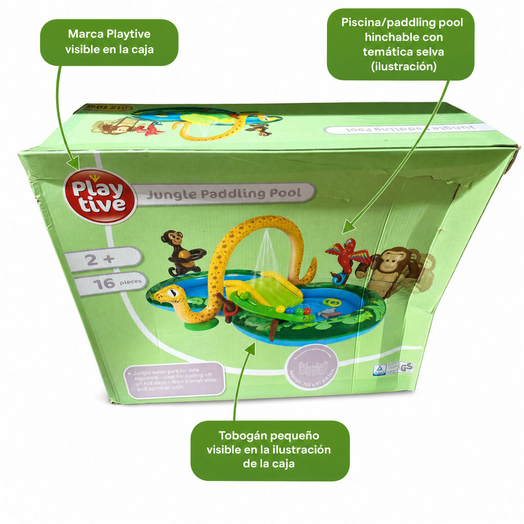 Playtive Piscina hinchable temática selva con tobogán, 16 piezas, 2+ años