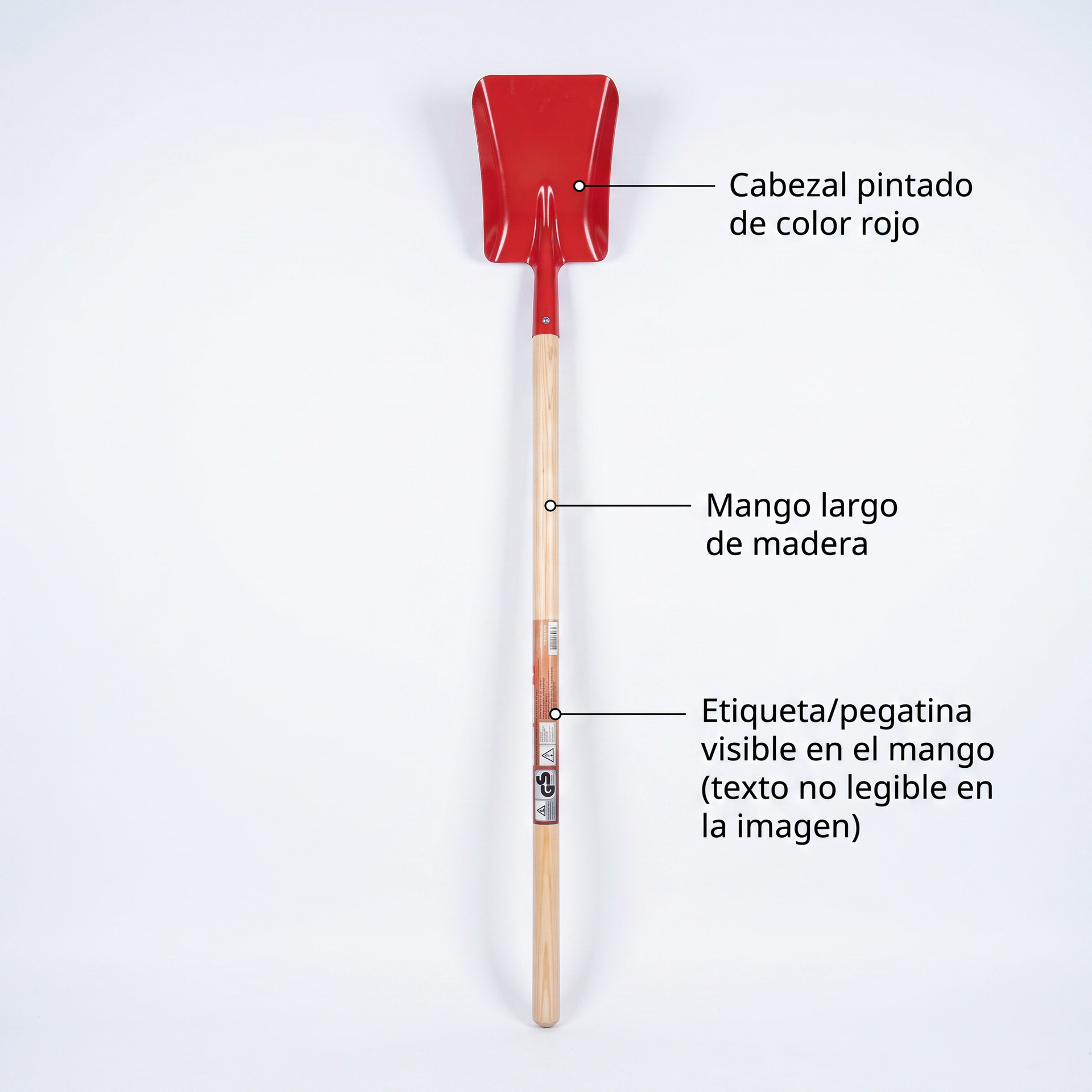 Pala de jardín con cabezal rojo y mango largo de madera