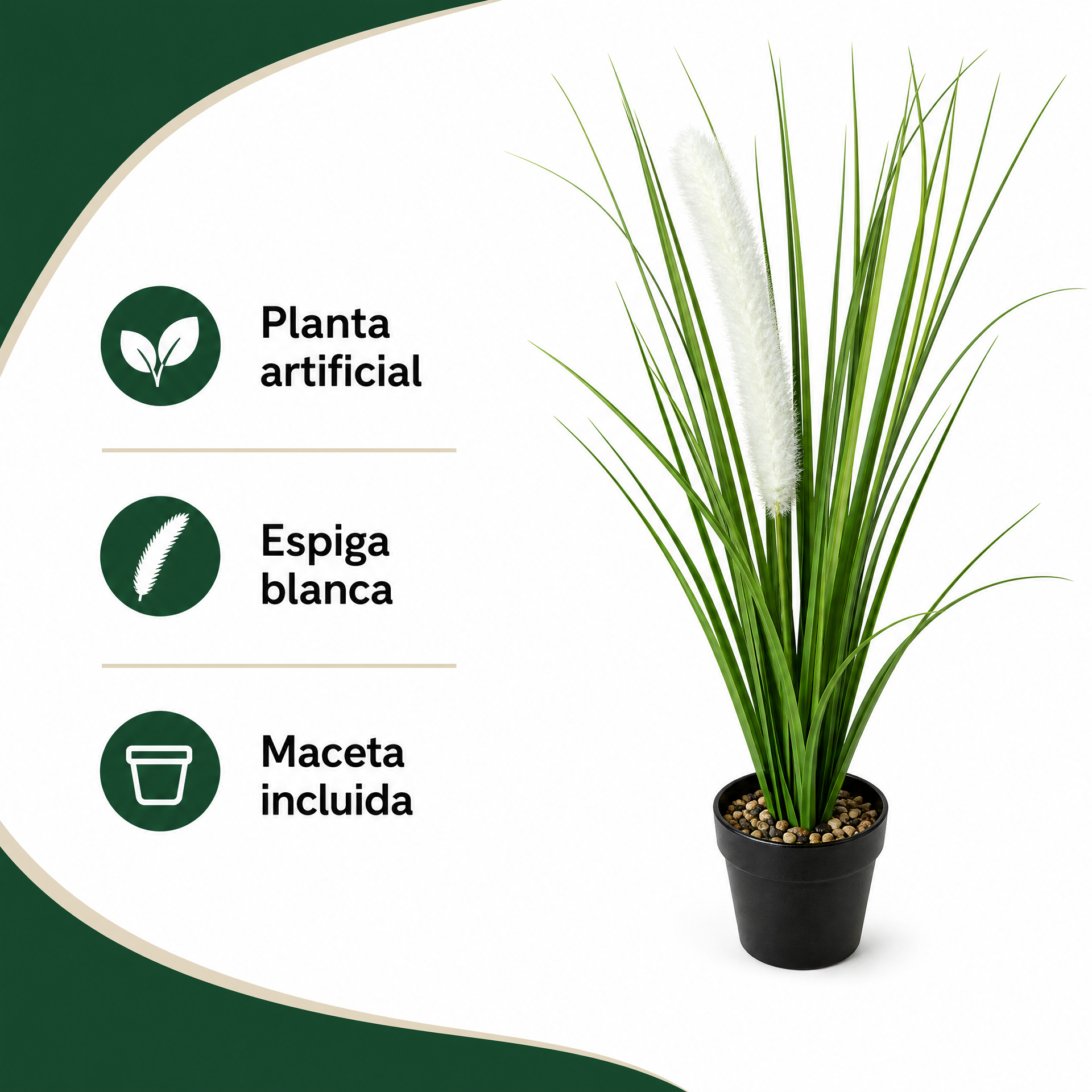 Planta artificial decorativa con espiga blanca y maceta negra
