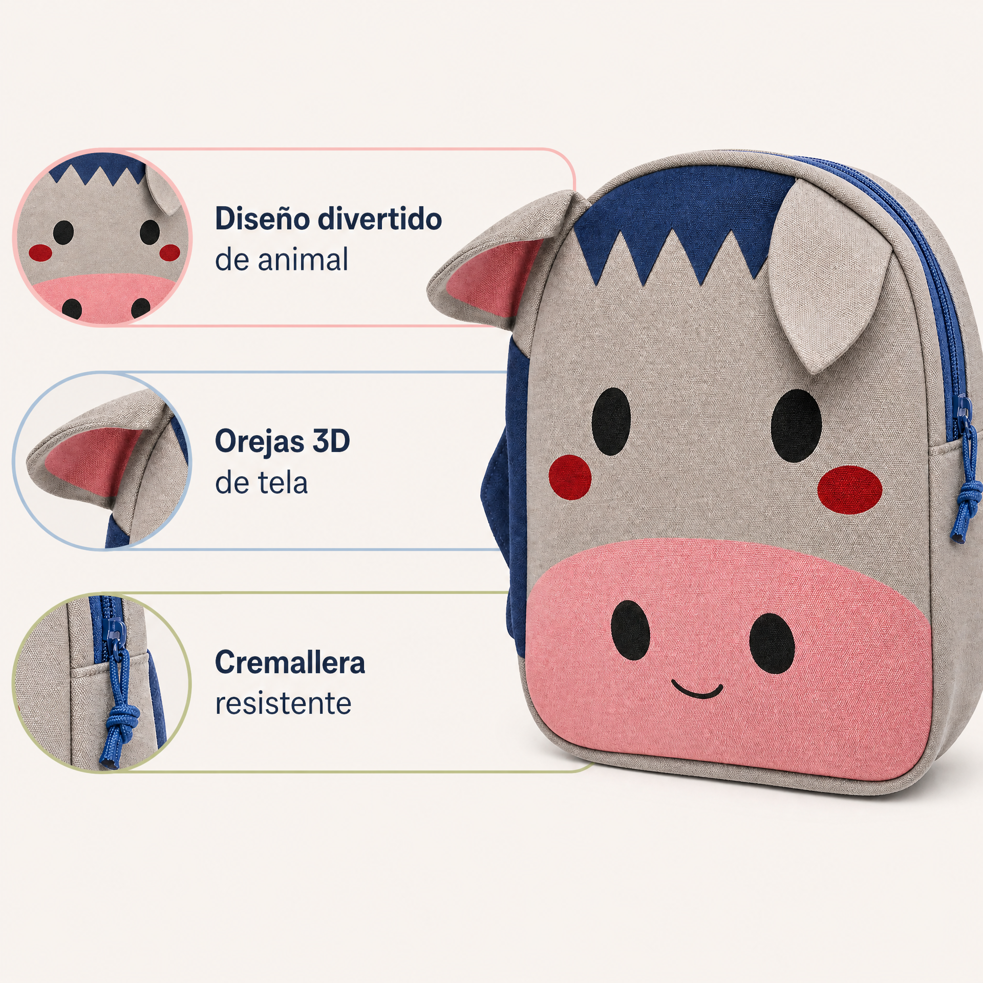Mochila infantil con dibujo de animal, orejas de tela 3D, cremallera lateral, gris rosa azul