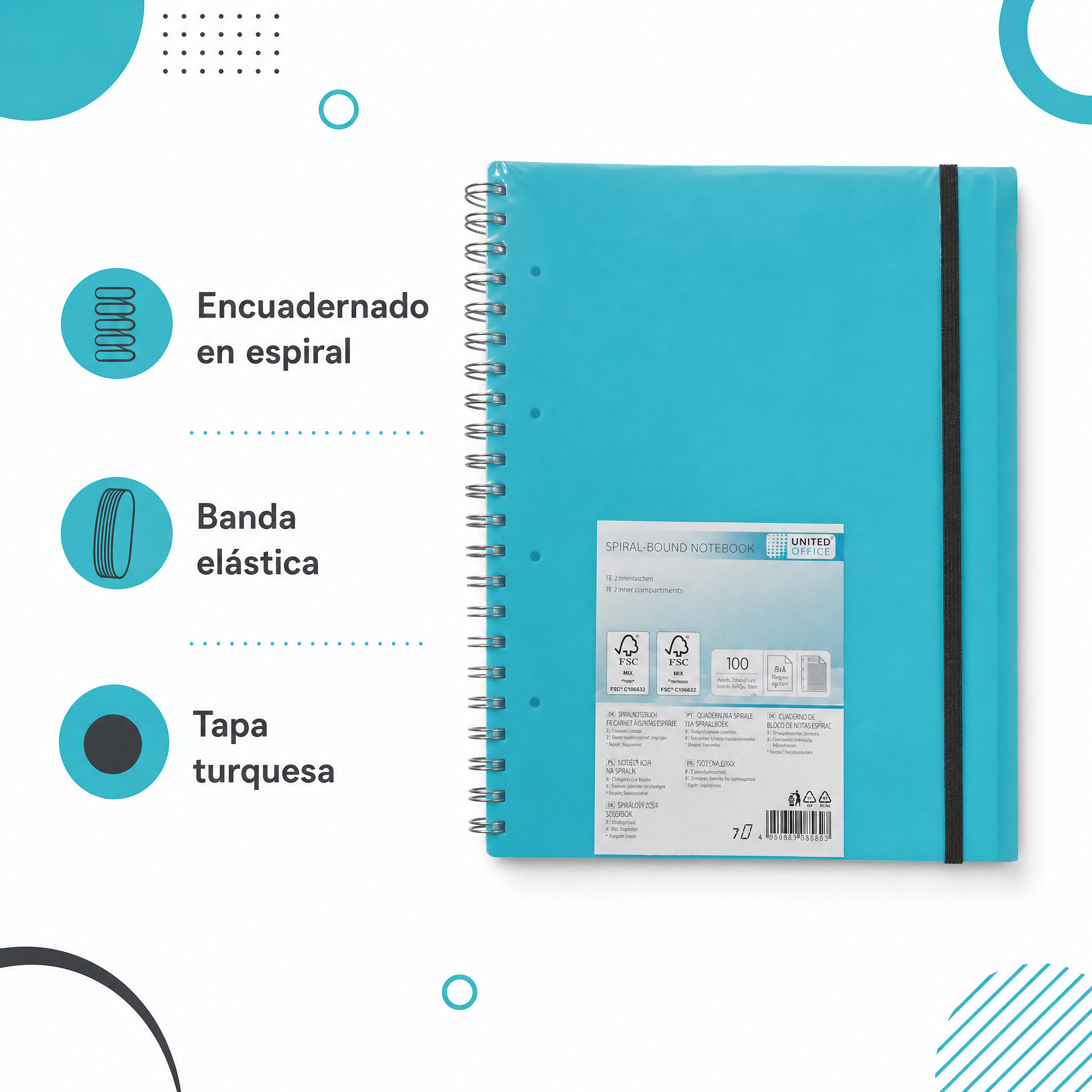United Office cuaderno espiral turquesa con banda elástica