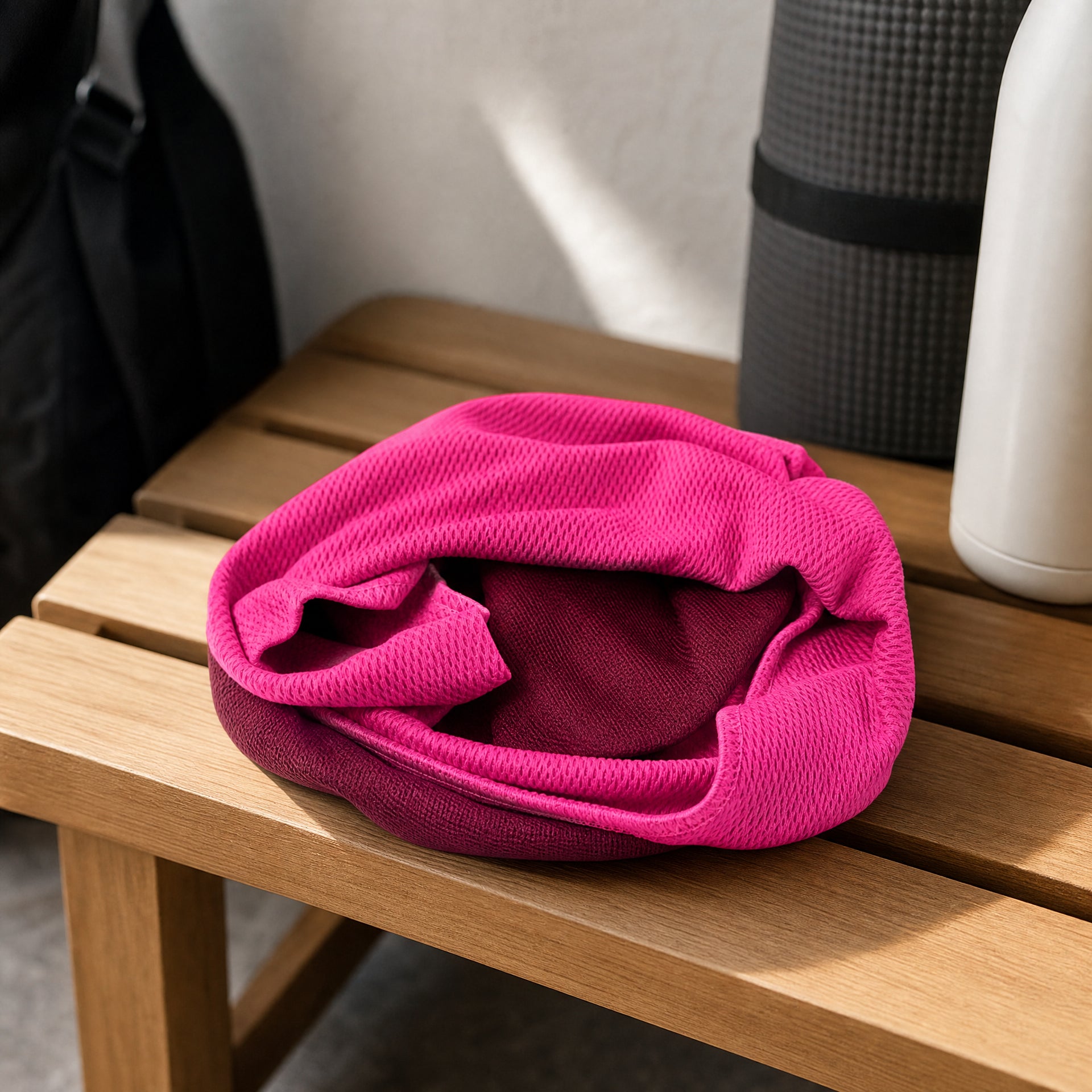 Braga tubular de cuello textil rosa doblada