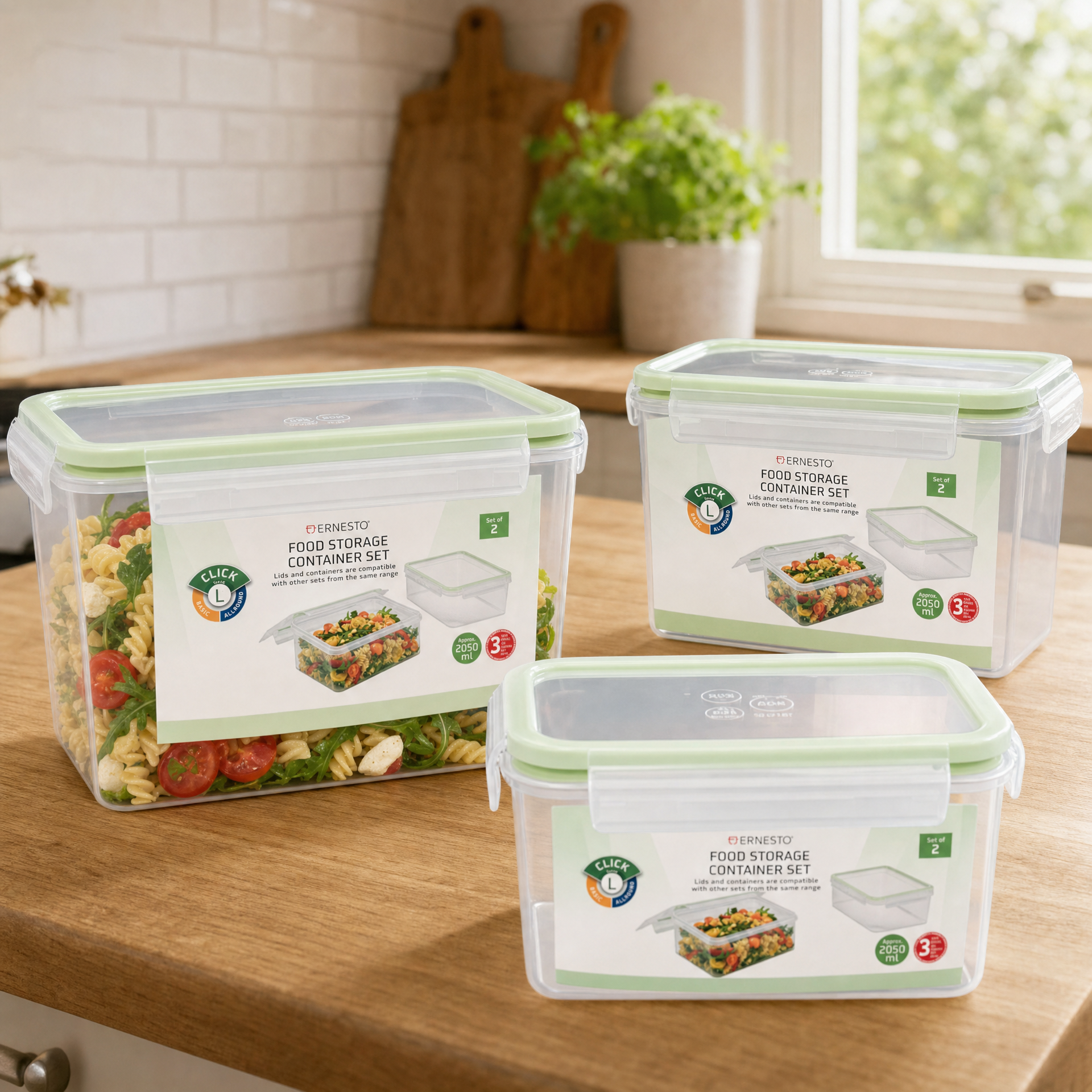 Ernesto Set de 3 recipientes herméticos libre de BPA, tapa verde, aptos para lavavajillas