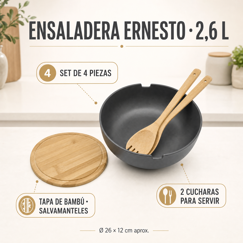 ERNESTO Ensaladera de 2,6 L con Tapa de Bambú, Set de 4
