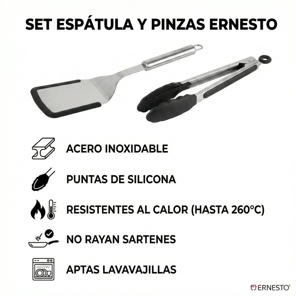 Set Espátula y Pinzas Ernesto Acero Inoxidable