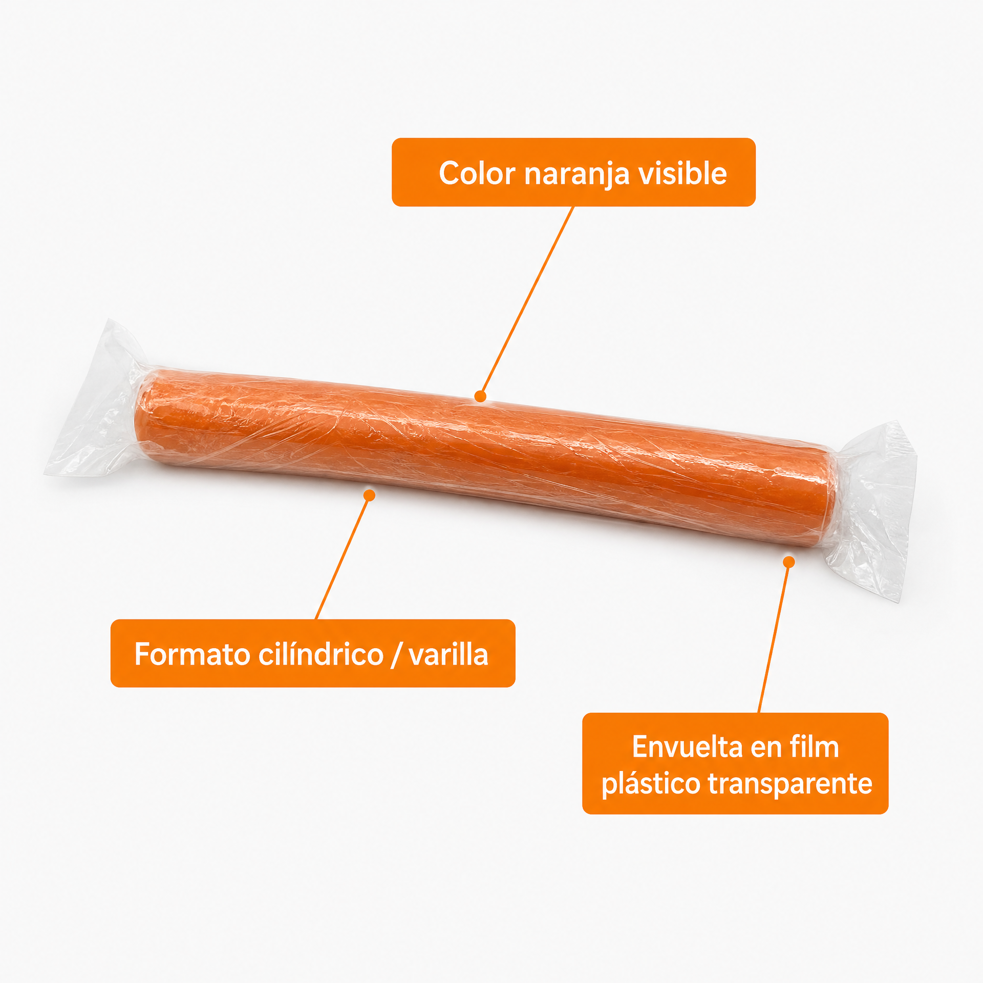 Barra cilíndrica naranja envuelta en film plástico transparente