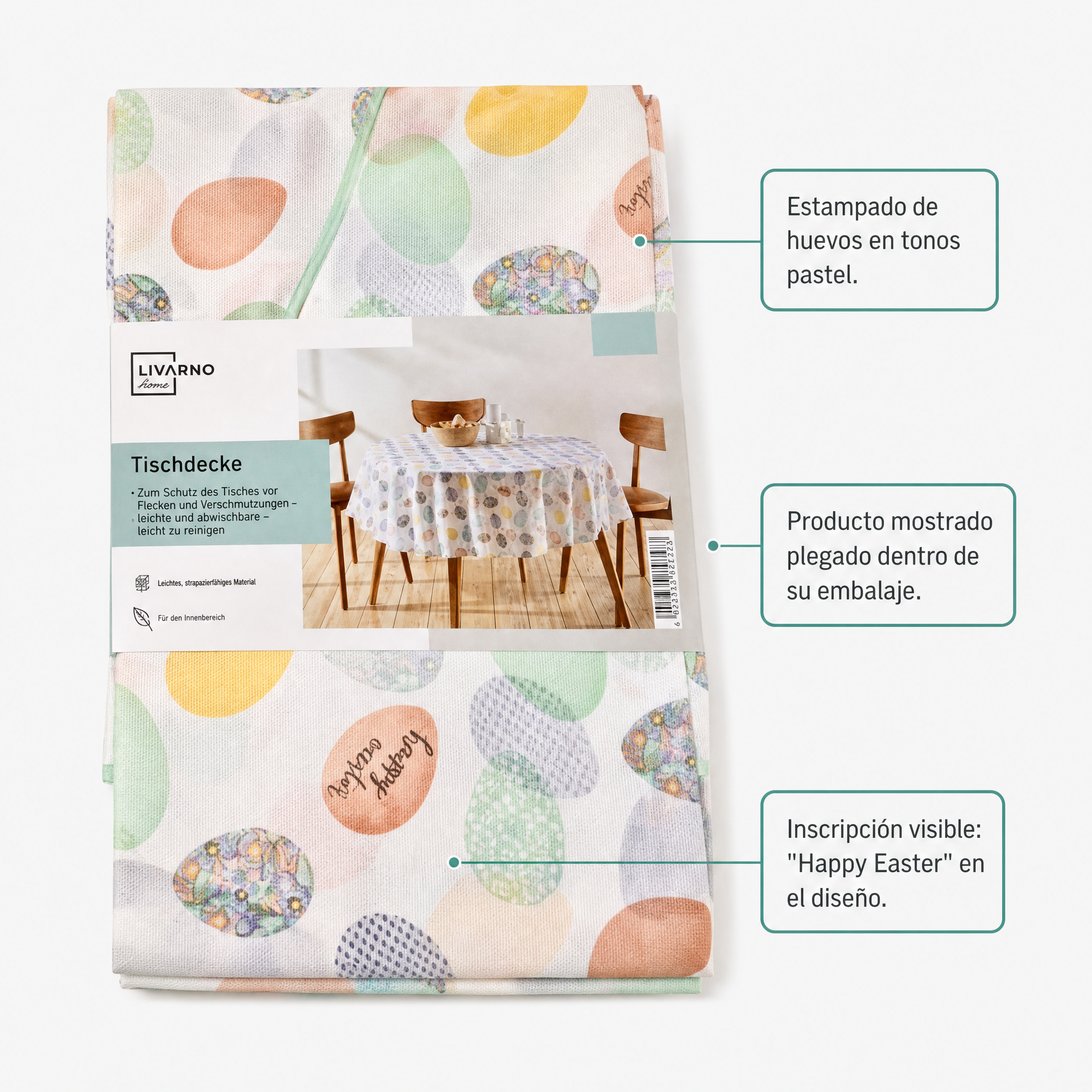 Mantel con estampado de huevos en tonos pastel y texto Happy Easter