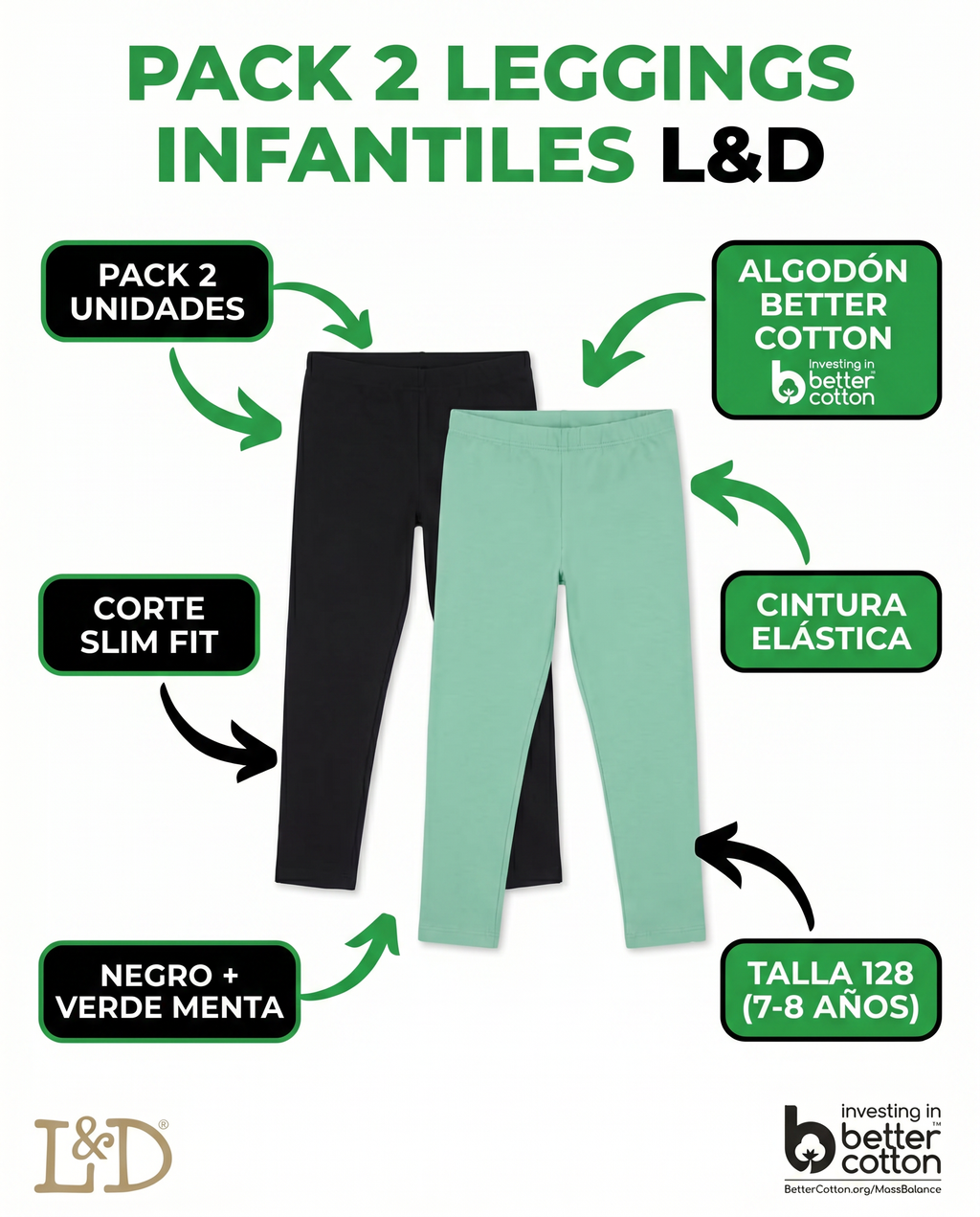 Pack 2 Leggings Infantiles Lily & Dan — Negro + Verde Menta
