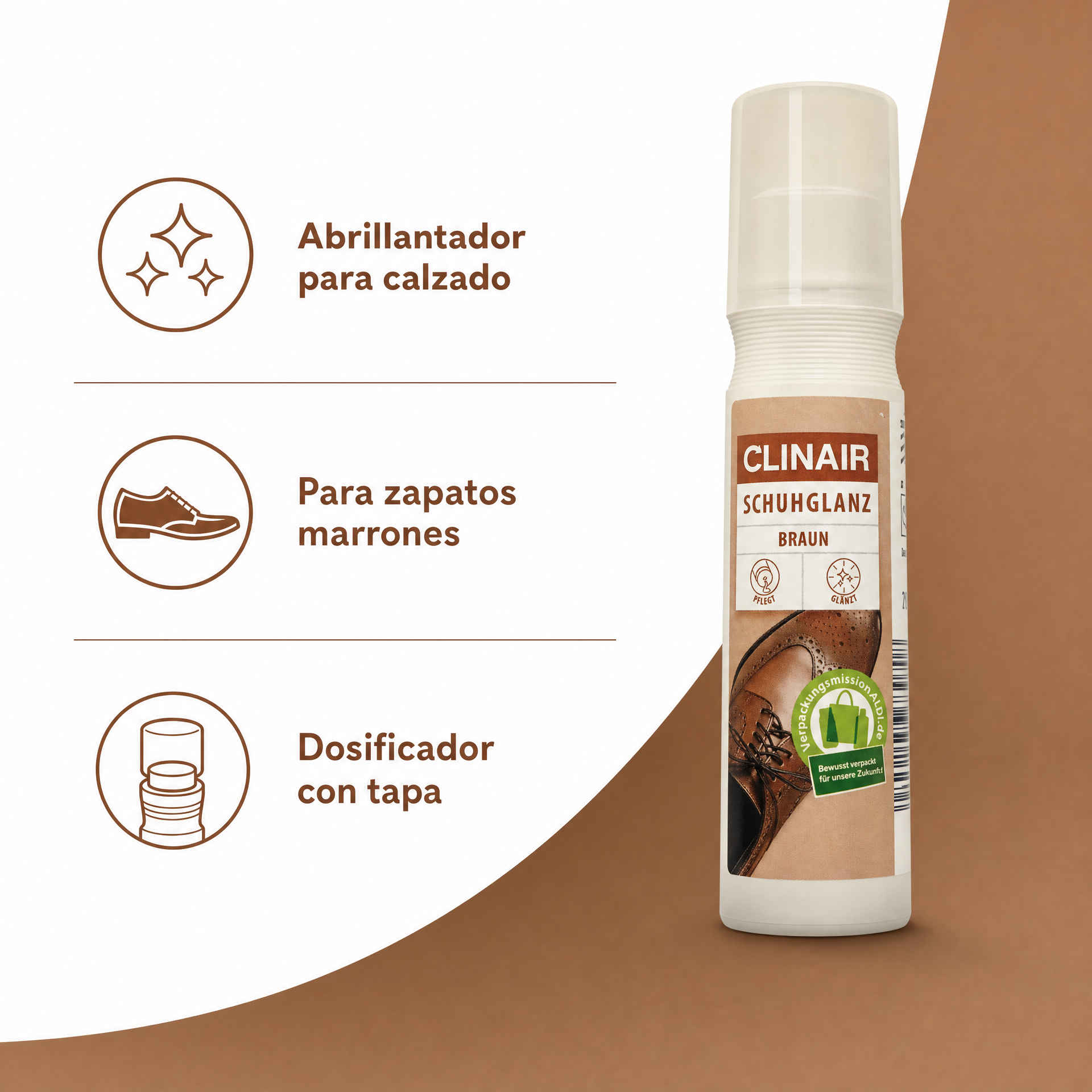 CLINAIR abrillantador para zapatos — color marrón, envase con dosificador