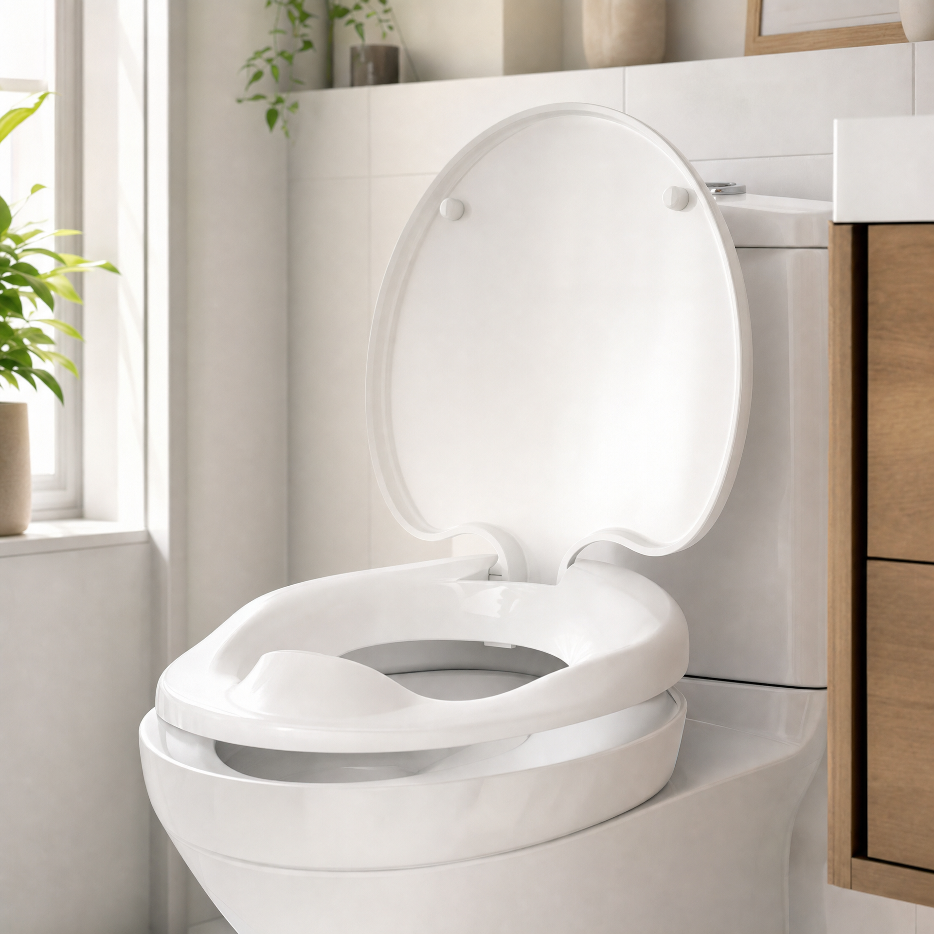 Asiento de inodoro 2 en 1 blanco con reductor infantil integrado en la tapa y cierre suave