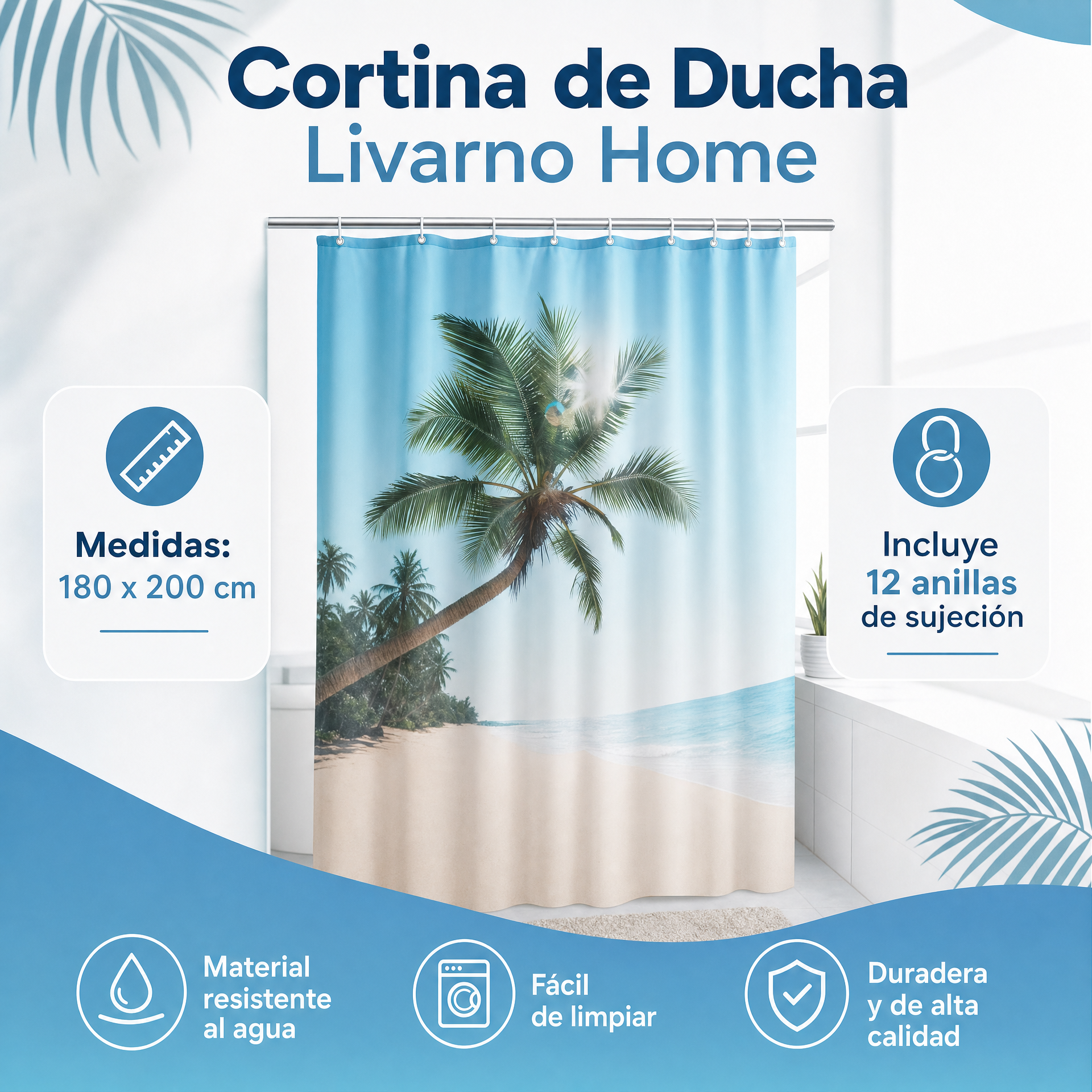 Cortina de Ducha Livarno Home con Diseño de Palmera