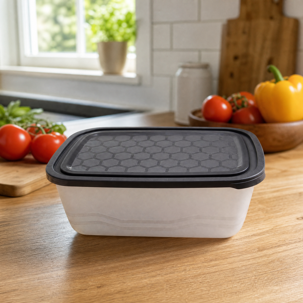 Recipiente rectangular cuerpo translúcido tapa gris con patrón hexagonal y reborde de cierre