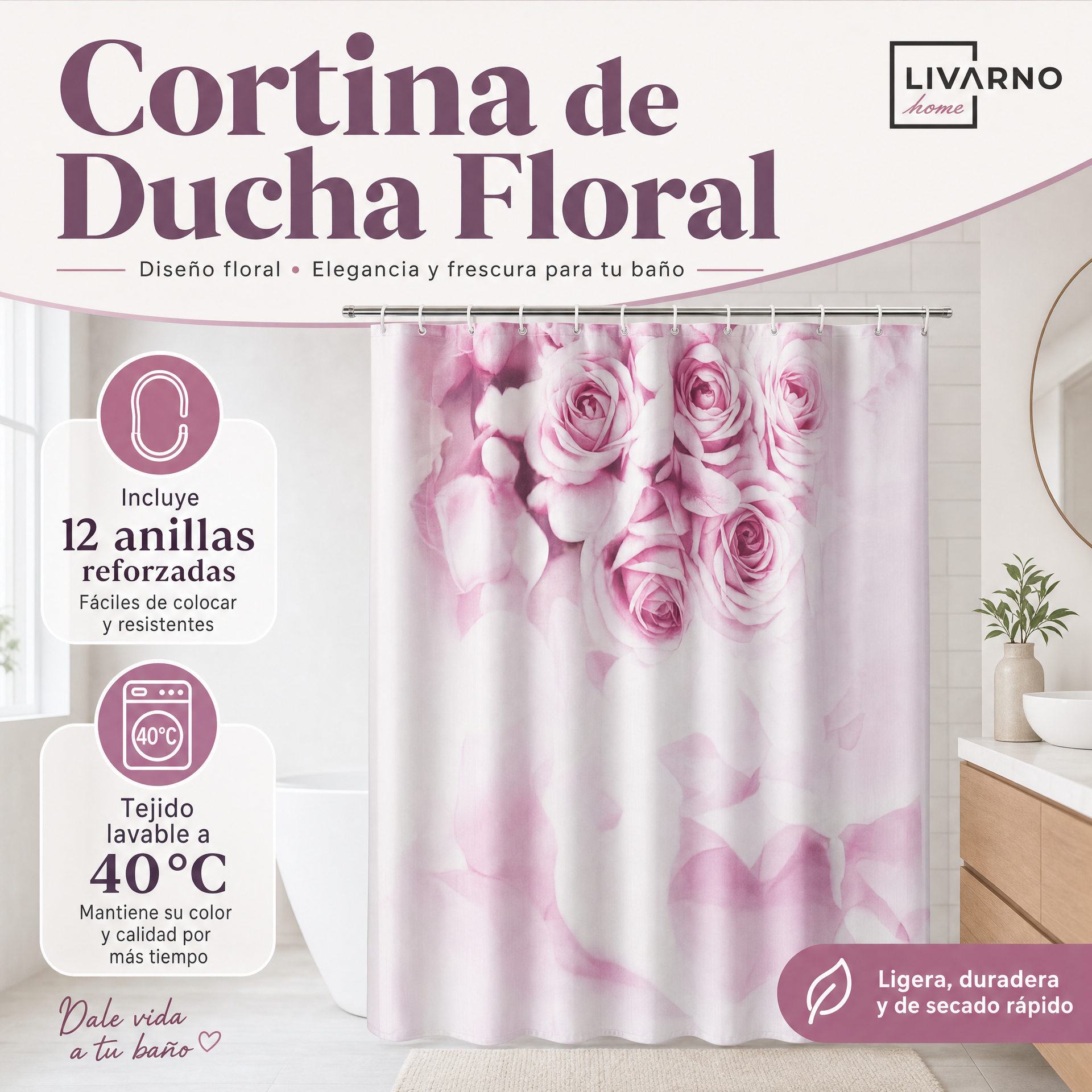 Cortina de Ducha LIVARNO home Estampado Floral Rosa 180x200 cm