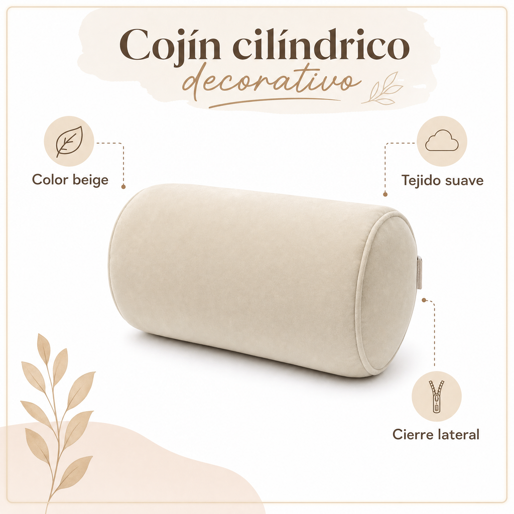 Cojín Cilíndrico Decorativo Beige con Cierre Lateral