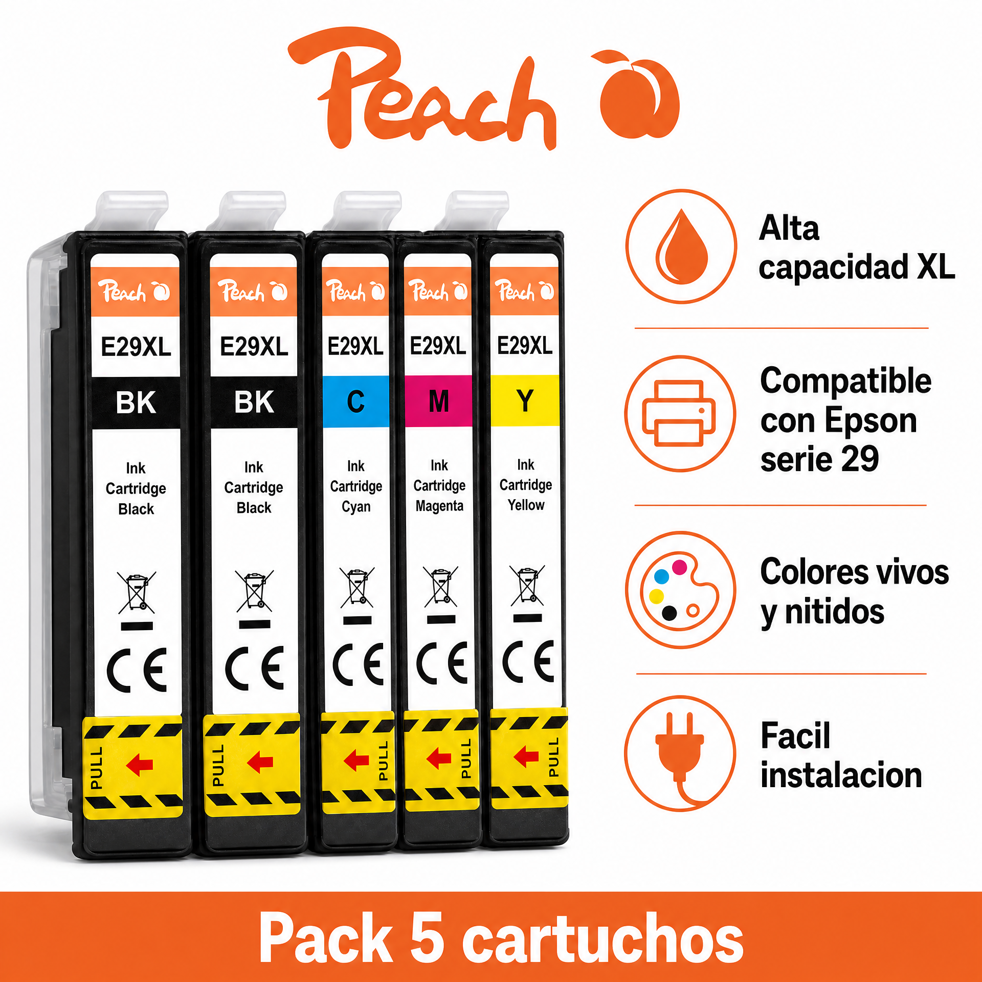 Cartuchos de Tinta Peach E29XL — Pack 5 Compatible con Epson Serie 29 XL Alta Capacidad