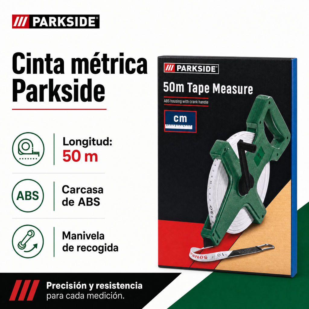 Parkside Cinta Métrica de 50 m con Carcasa ABS y Manivela