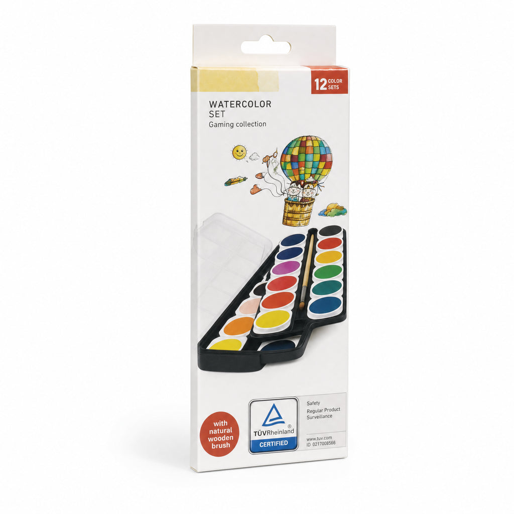 Set de acuarelas en caja, 12 colores, pincel de madera natural y paleta negra