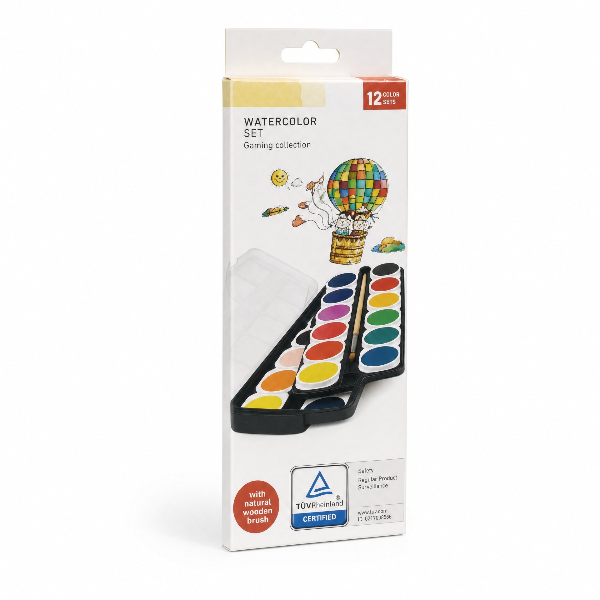 Set de acuarelas en caja, 12 colores, pincel de madera natural y paleta negra
