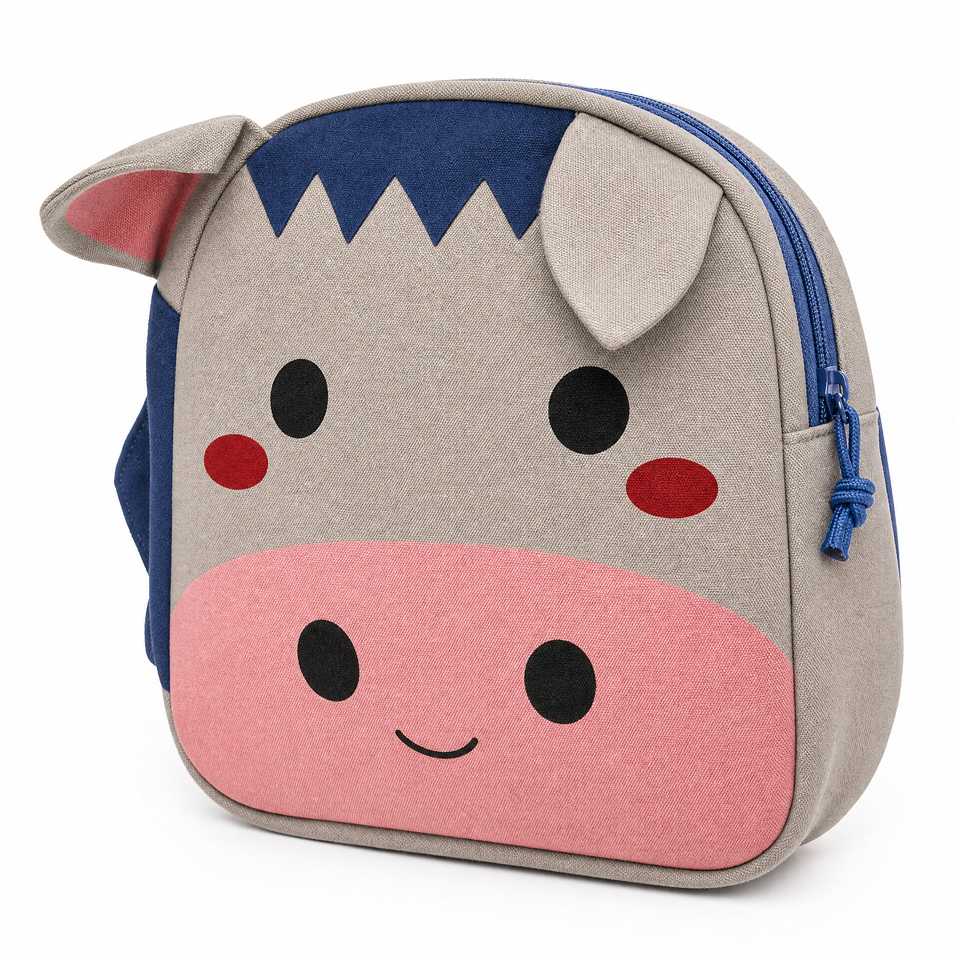 Mochila infantil con dibujo de animal, orejas de tela 3D, cremallera lateral, gris rosa azul