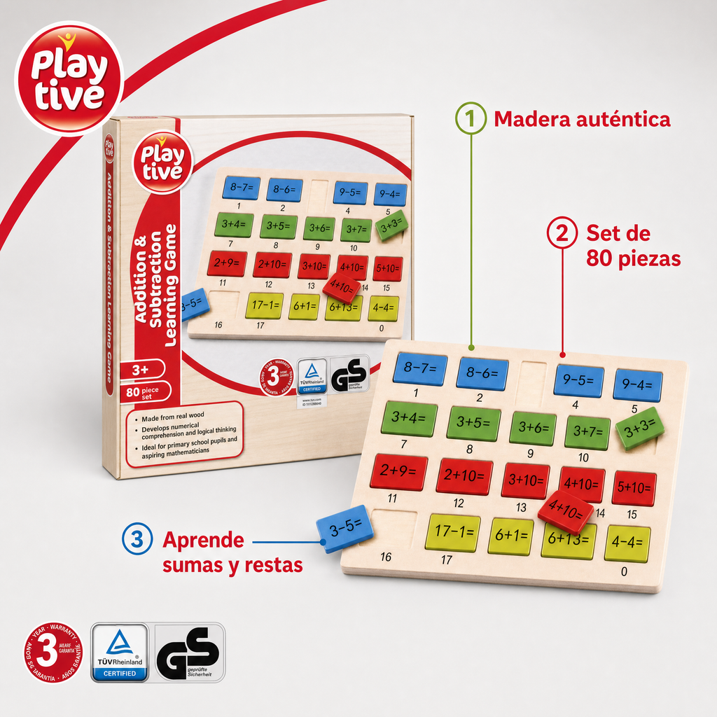 Playtive Juego de sumas y restas de madera, 80 piezas, con tablero y fichas numéricas