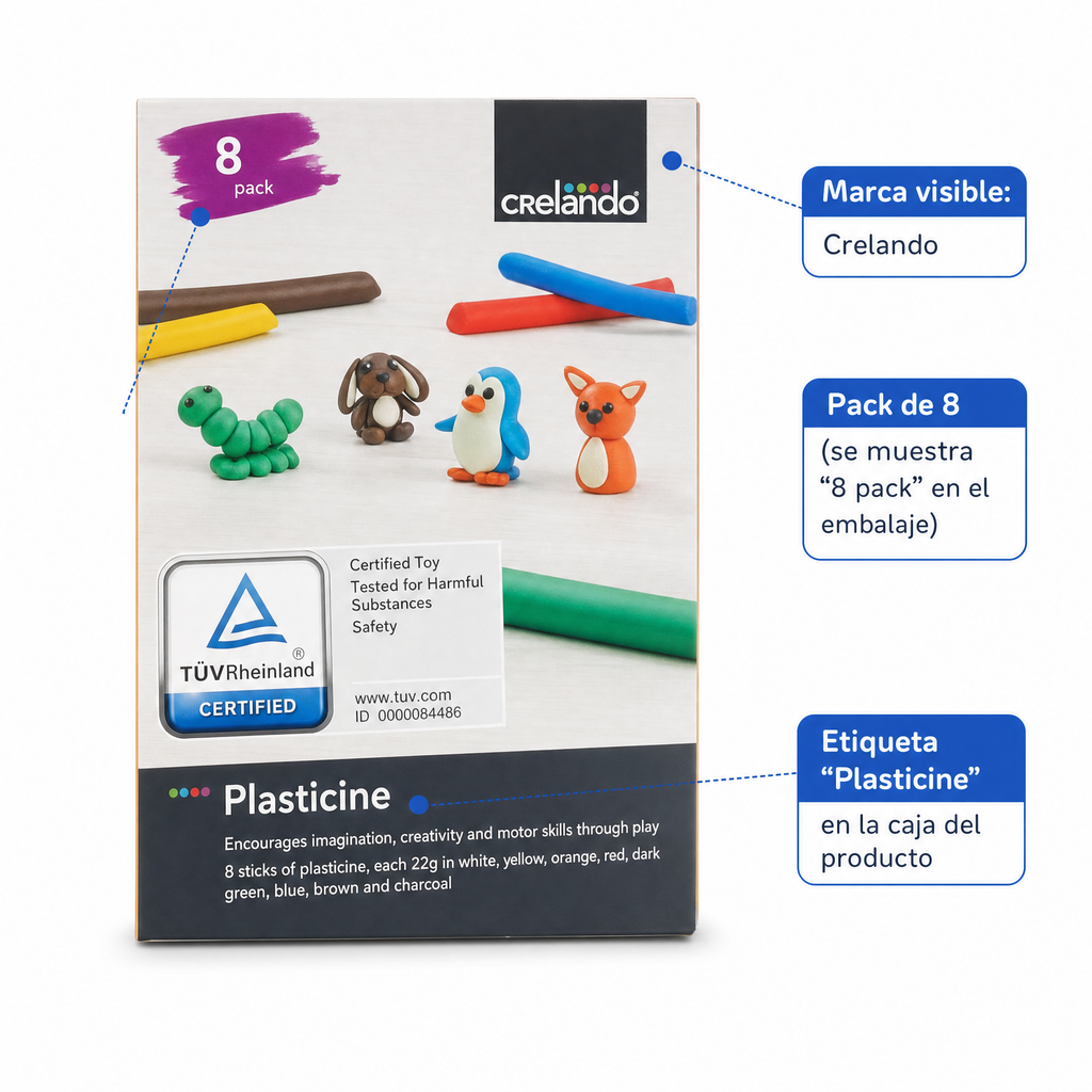 Crelando Plasticine pack de 8 barras colores surtidos certificado TÜV Rheinland
