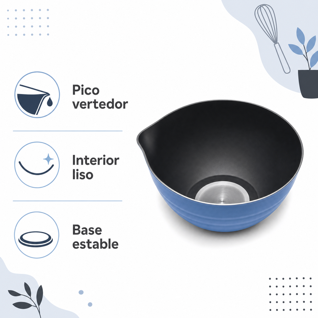 Bol de cocina azul con interior negro y pico vertedor