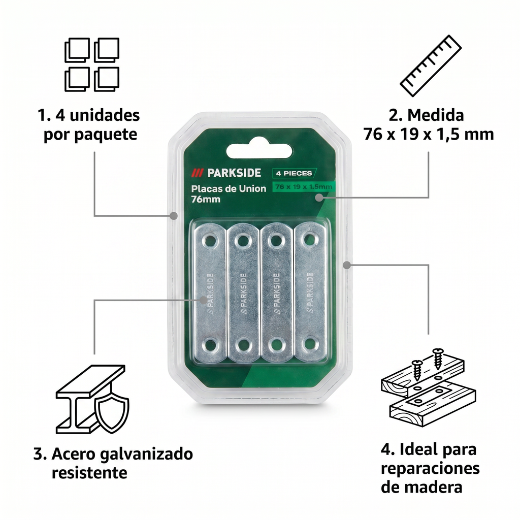 Placas de Unión 76mm Parkside 4 uds