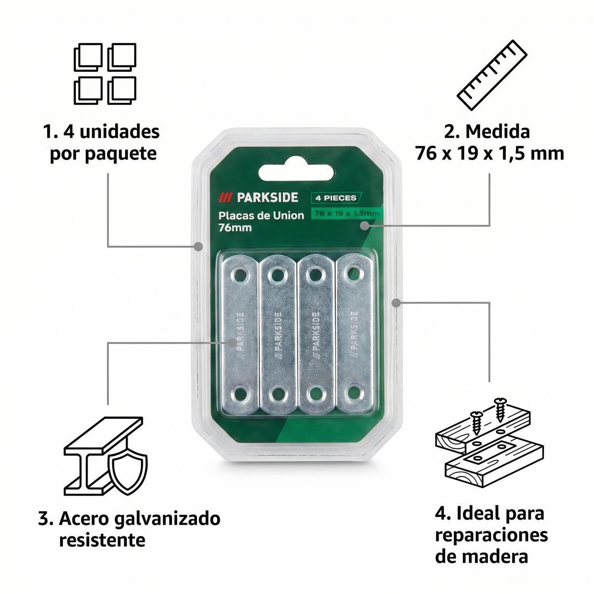 Placas de Unión 76mm Parkside 4 uds